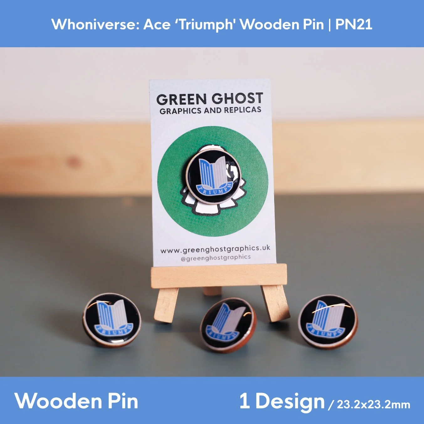 Whoniverse: Ace 'Triumph' Wooden Pin | 23mm x 23mm