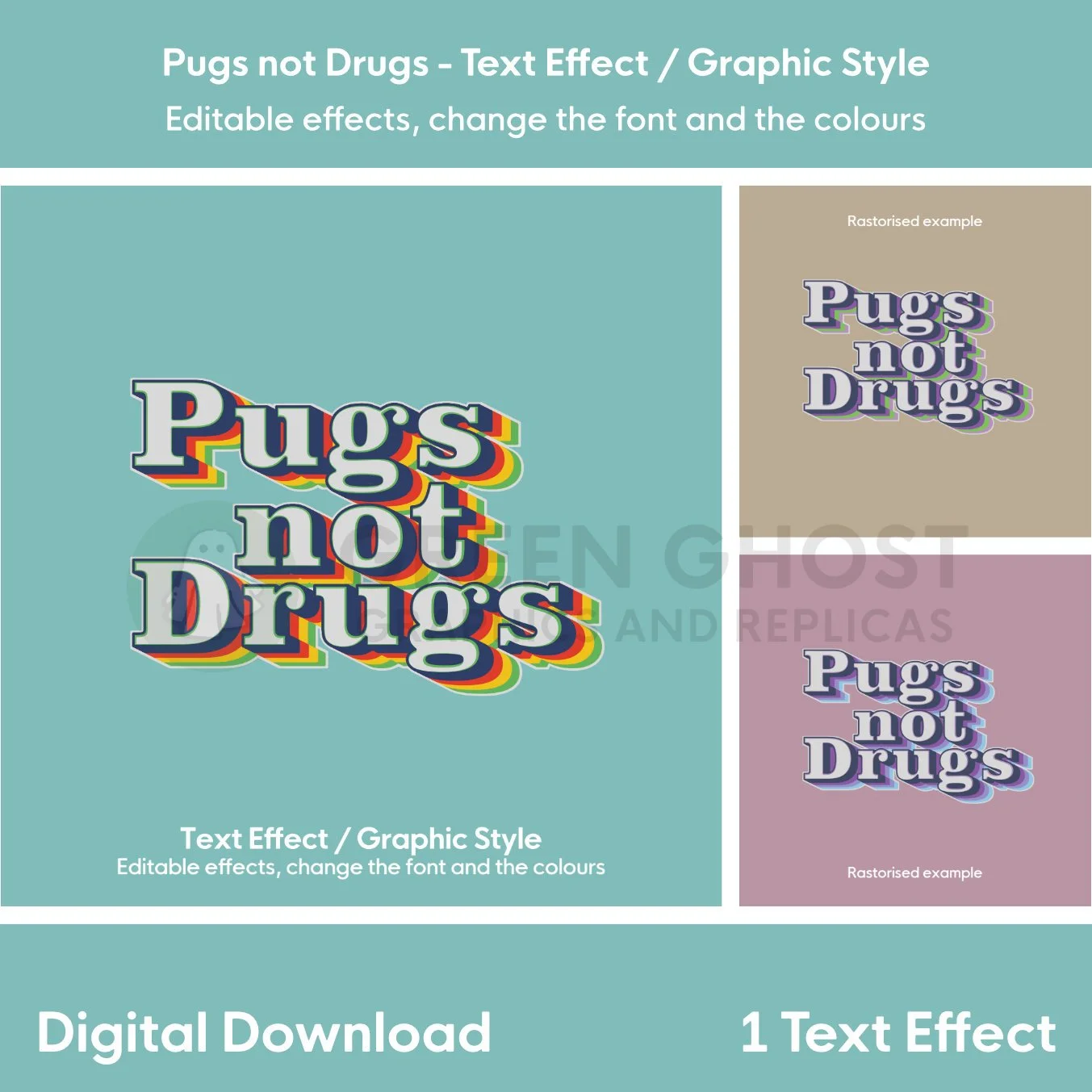 Pugs Life Text Effect, light grey text alongside a version with pale beige and pale red backgrounds.