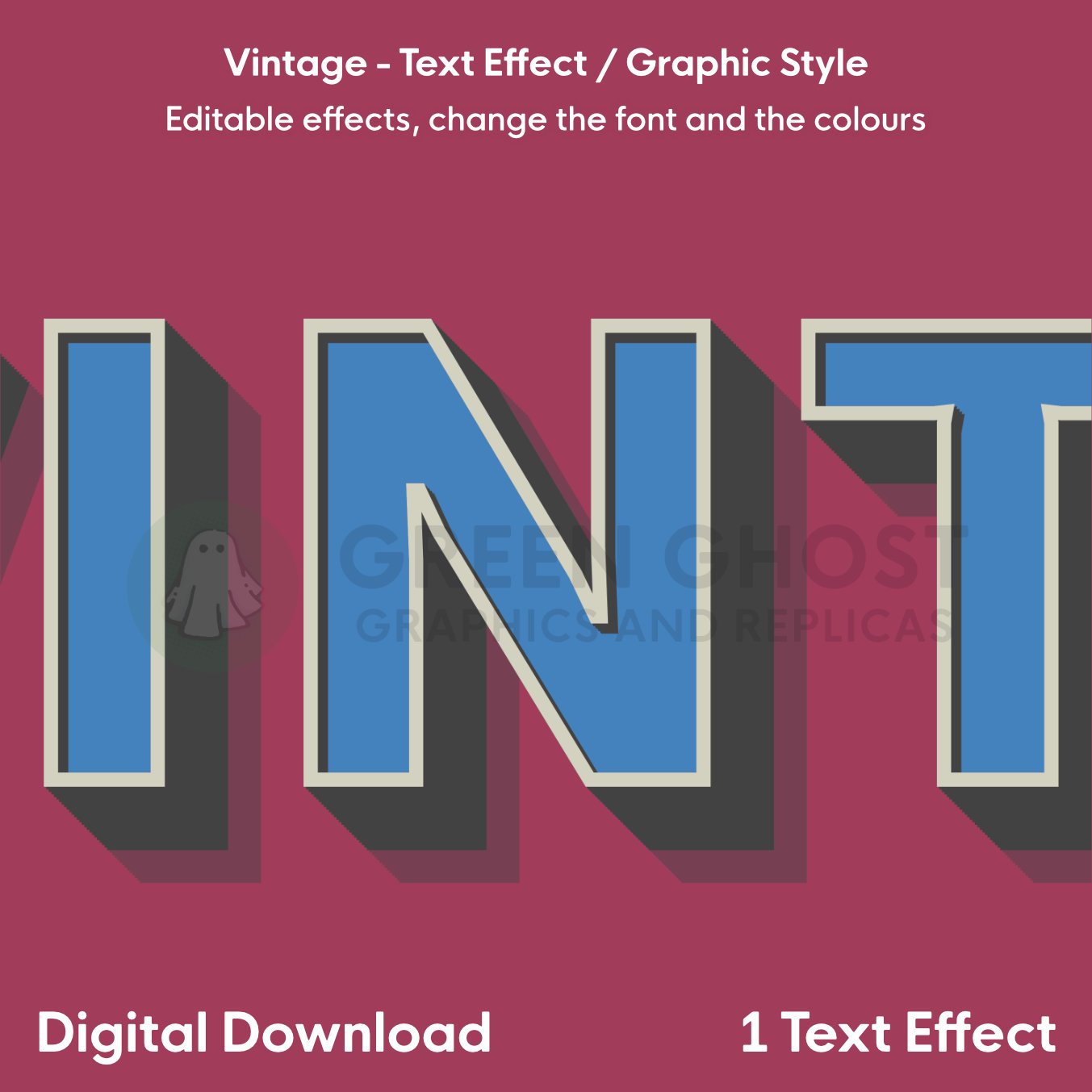 Close up of Vintage Text Effect, blue text with burgundy shadows on a maroon background.