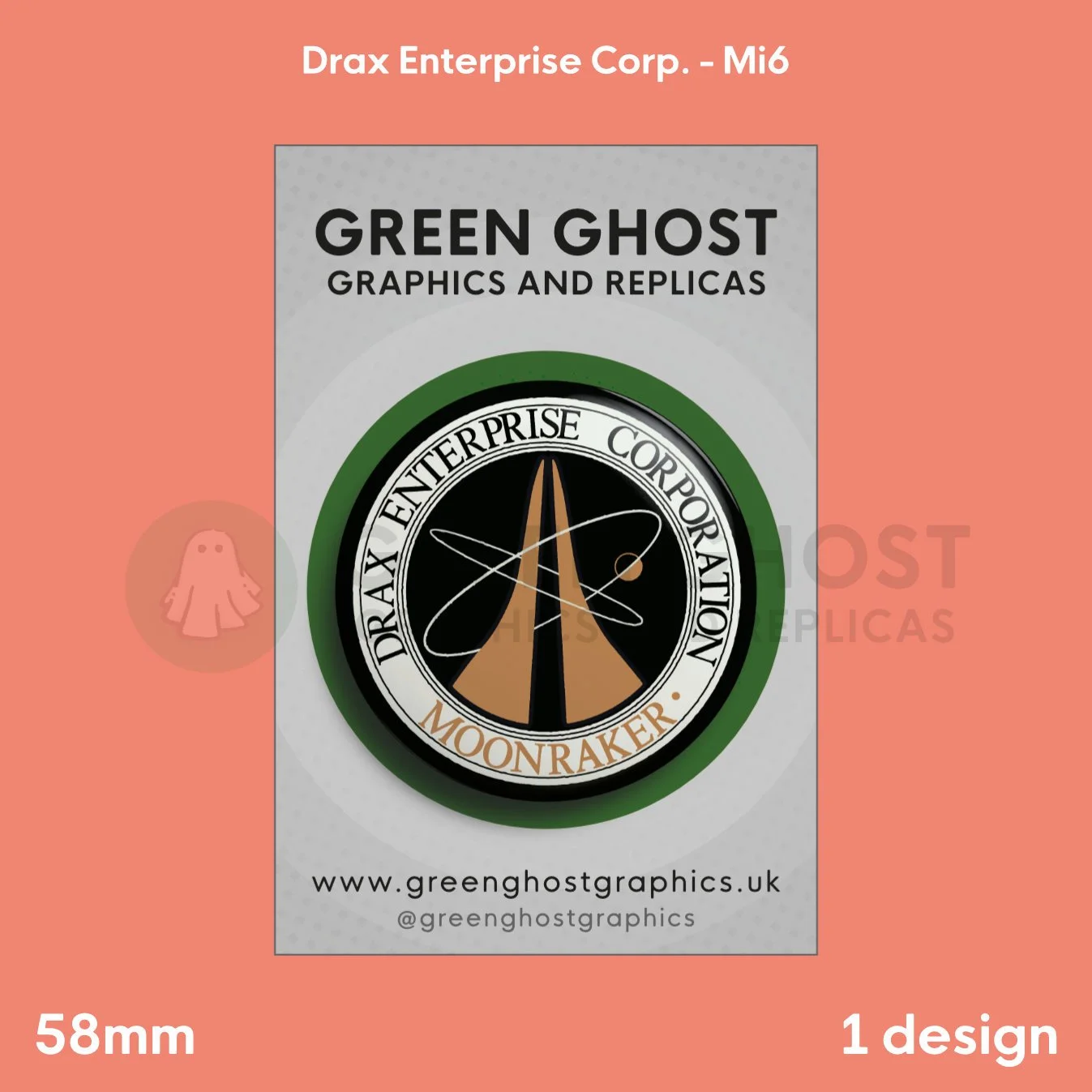 A round badge with orange and black “DRAX ENTERPRISE CORPORATION MOONRAKER” text and an atomic‑rocket emblem displayed on a branded backing card.