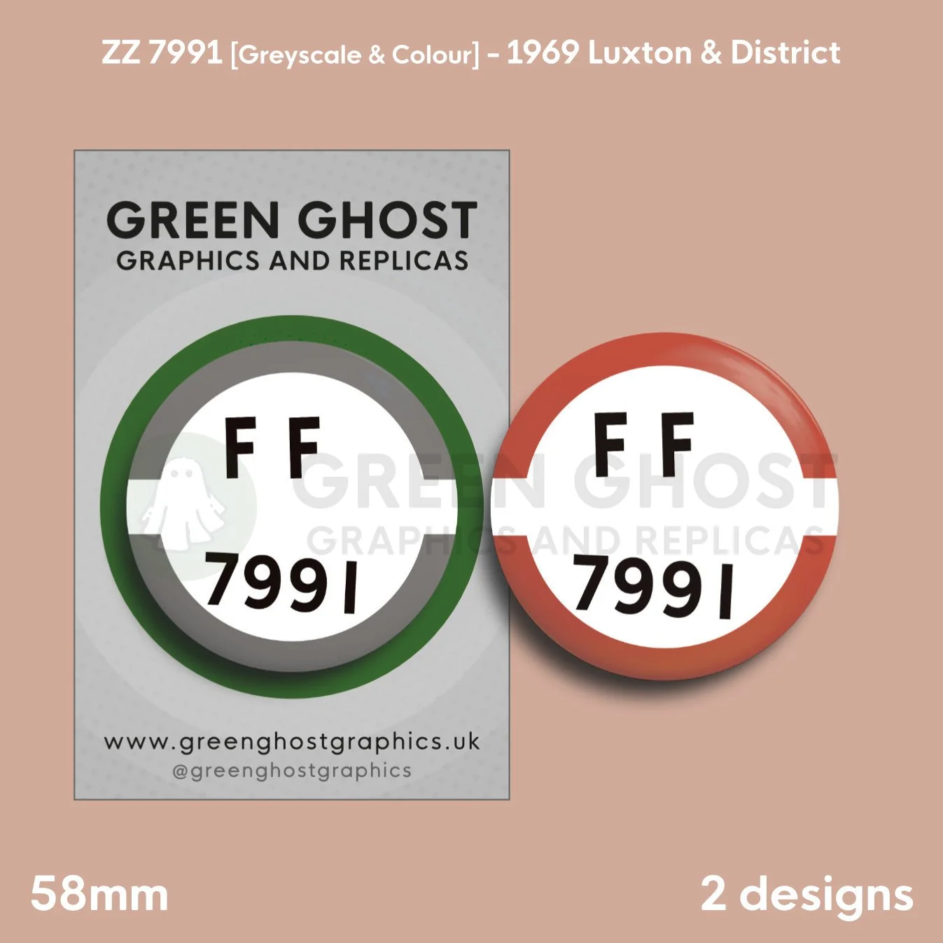 Two round white badges showing “FF 7991,” one with a grey border and one with a red border, arranged on a branded display card.