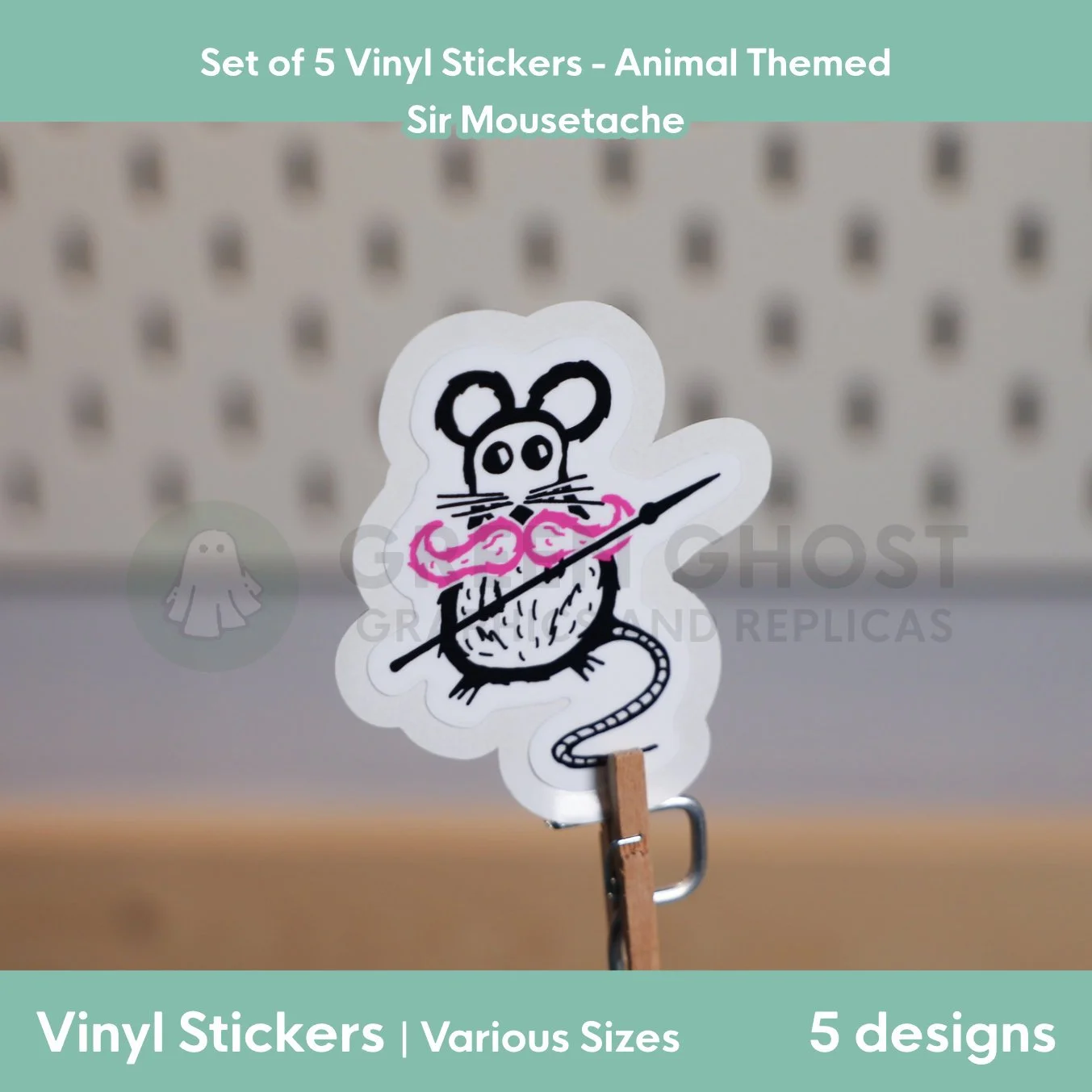 Rough lino printed style sticker of the mouse with a pink moustache and short spear on a blurred peg board background.