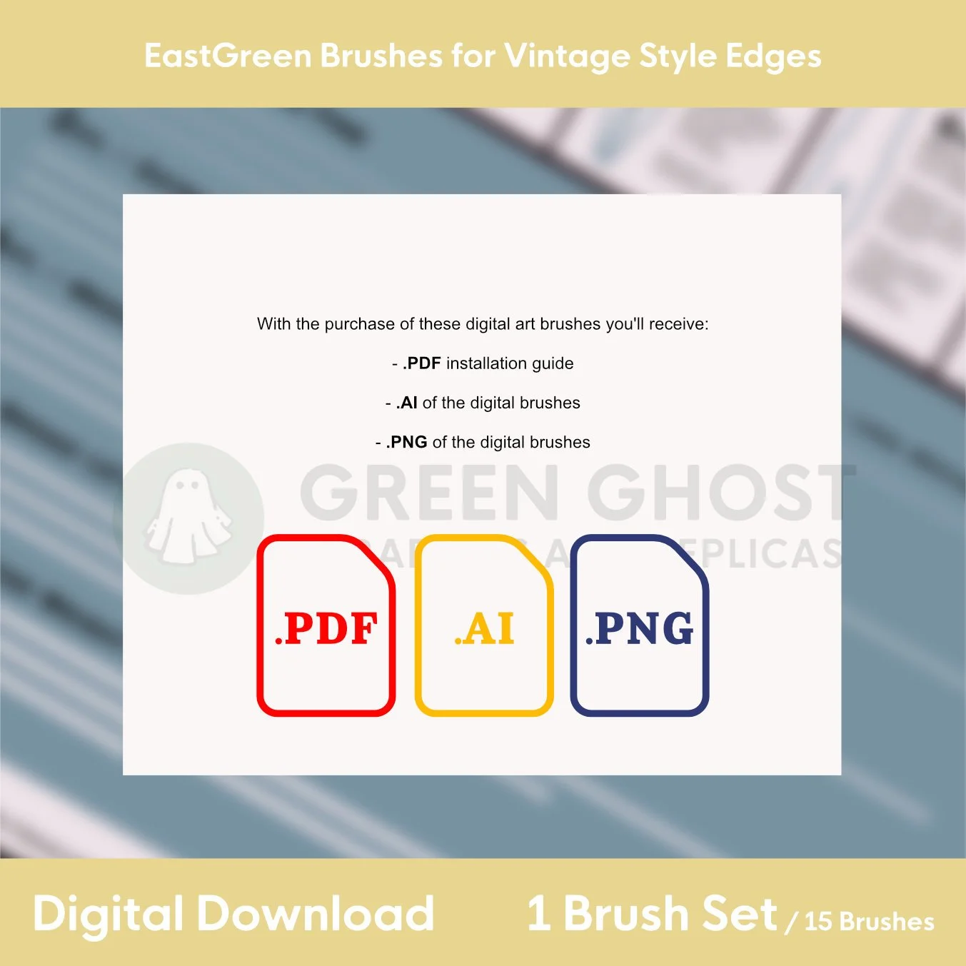 Overview of included files: Illustrator brush file, PNG swatch sheets, and instructions.