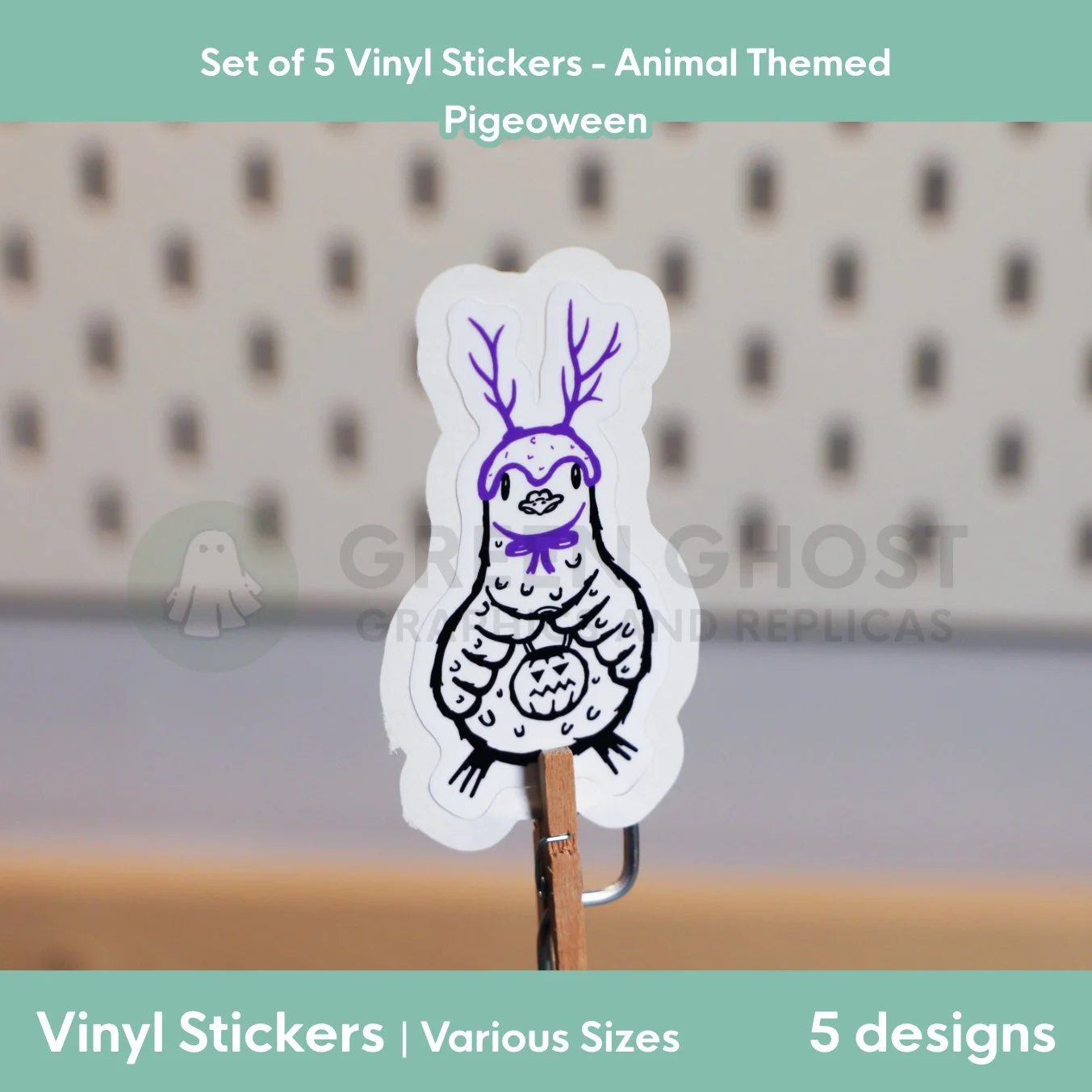 Rough lino printed style sticker of a pigeon cosplaying as a deer with a purple set of antlers with a small bow on a blurred peg board background.