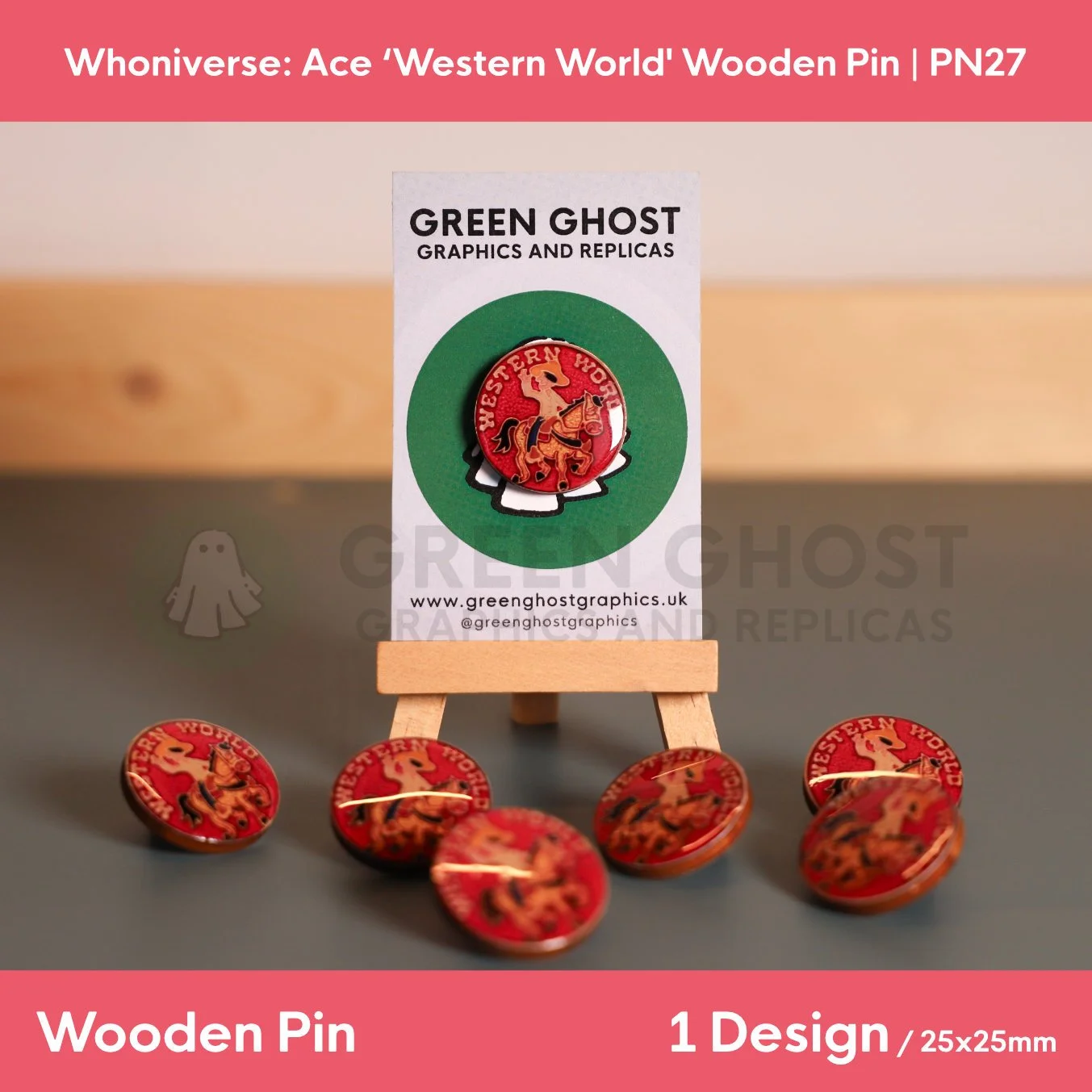 A circular wooden pin with a red background and a horse‑and‑rider illustration, labelled WESTERN WORLD.