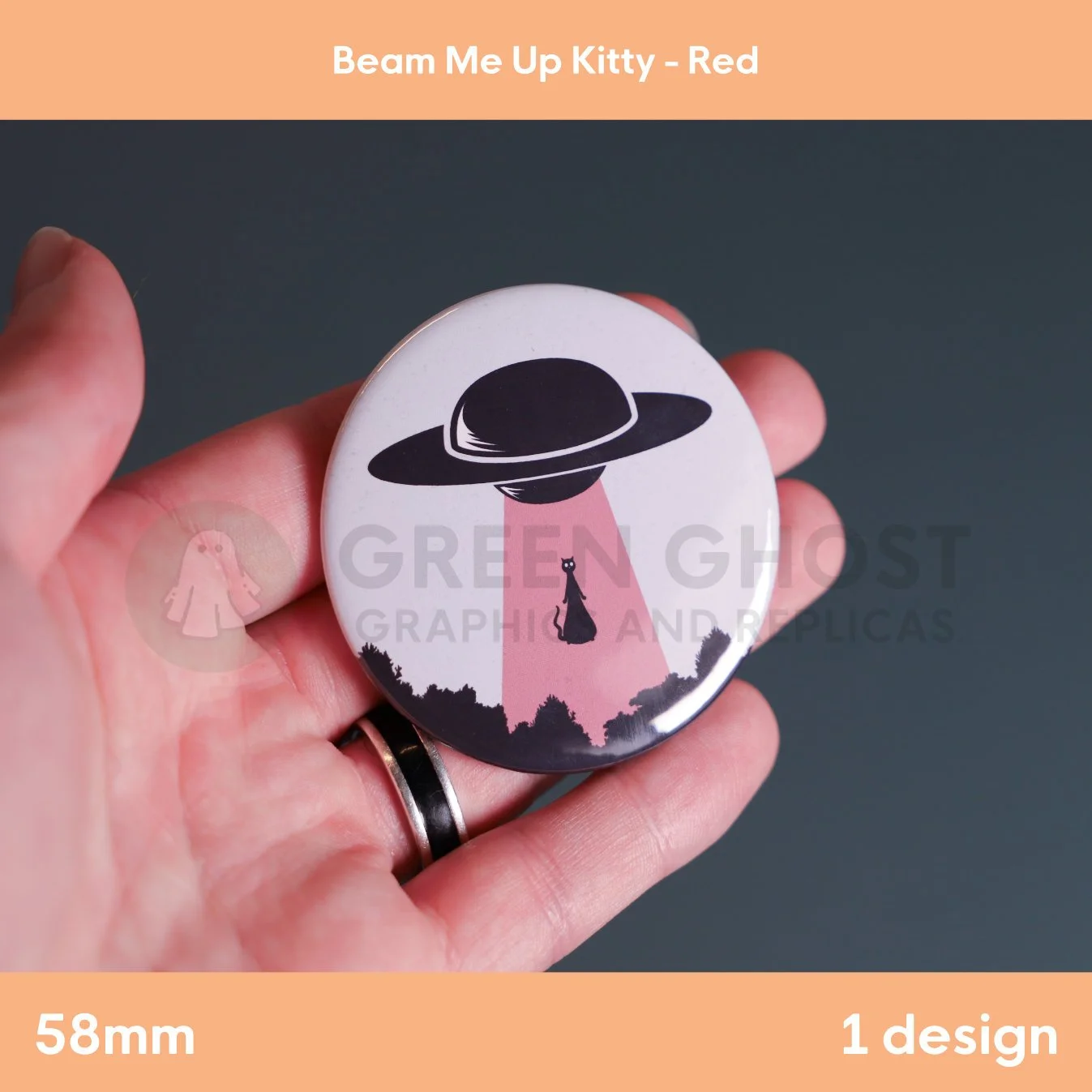 A round badge with a red UFO beam lifting a cat held in a hand against a teal background.