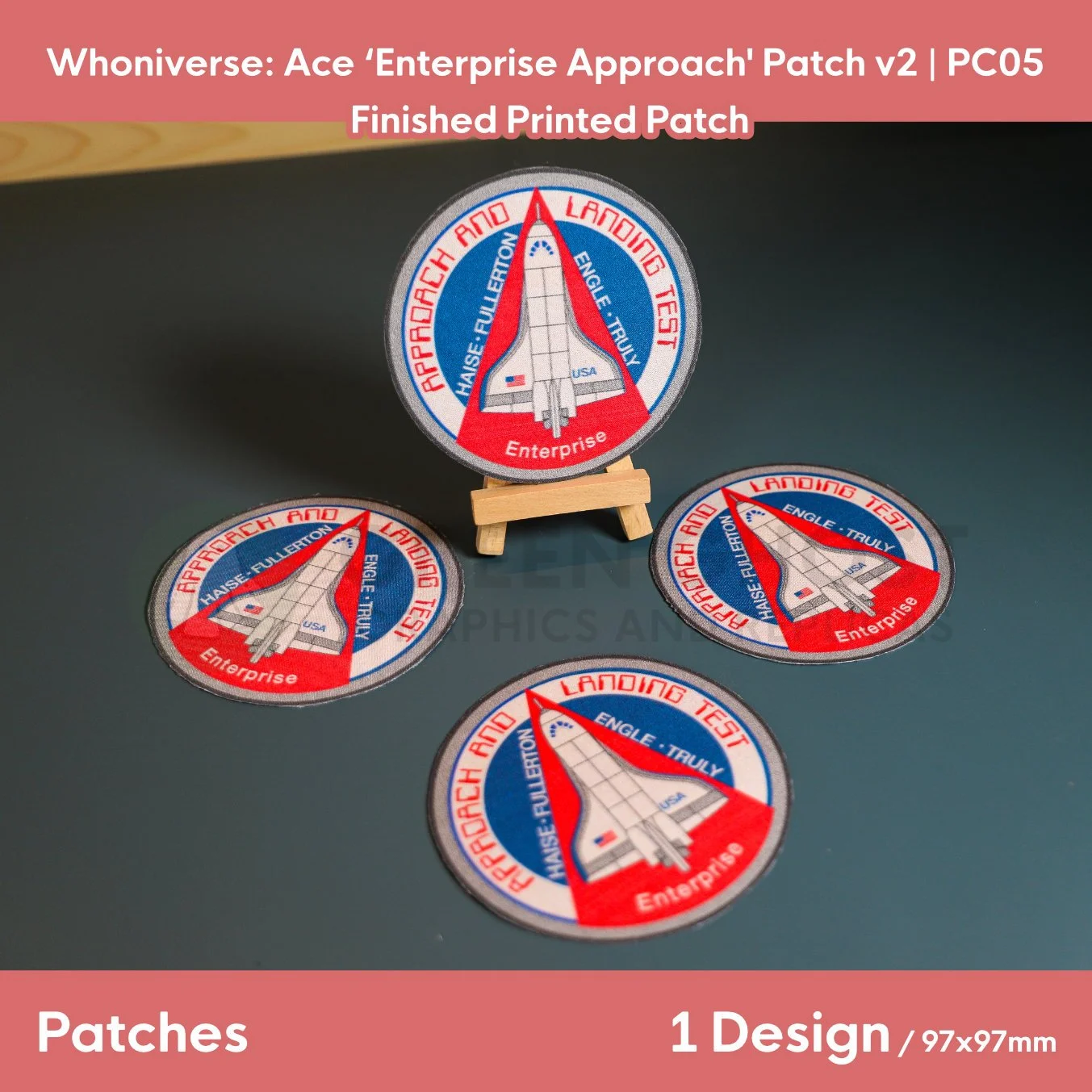 Printed patch design, finished with interfacing and glued edges. red and white text reading Approach and Landing Test, with a grey border and white, red and blue interior.