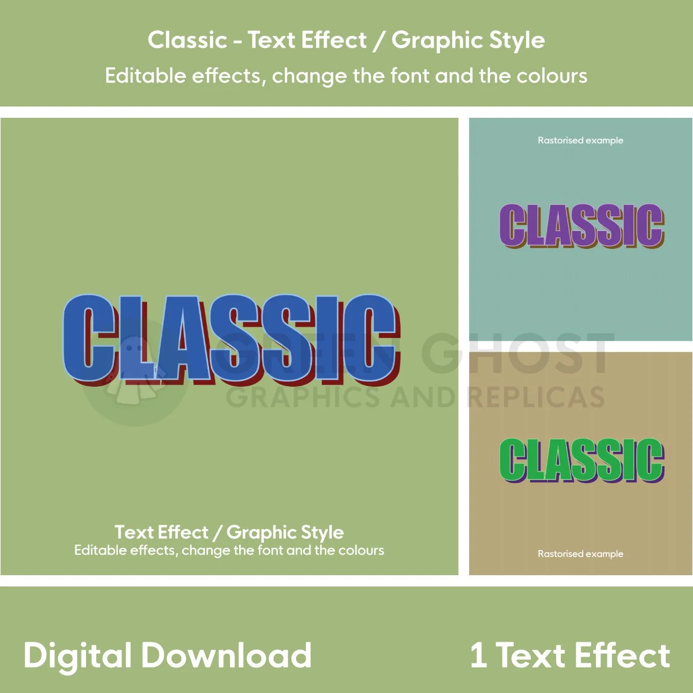 A blue “CLASSIC” title with red outline presented alongside two smaller colour‑variant rasterised examples.