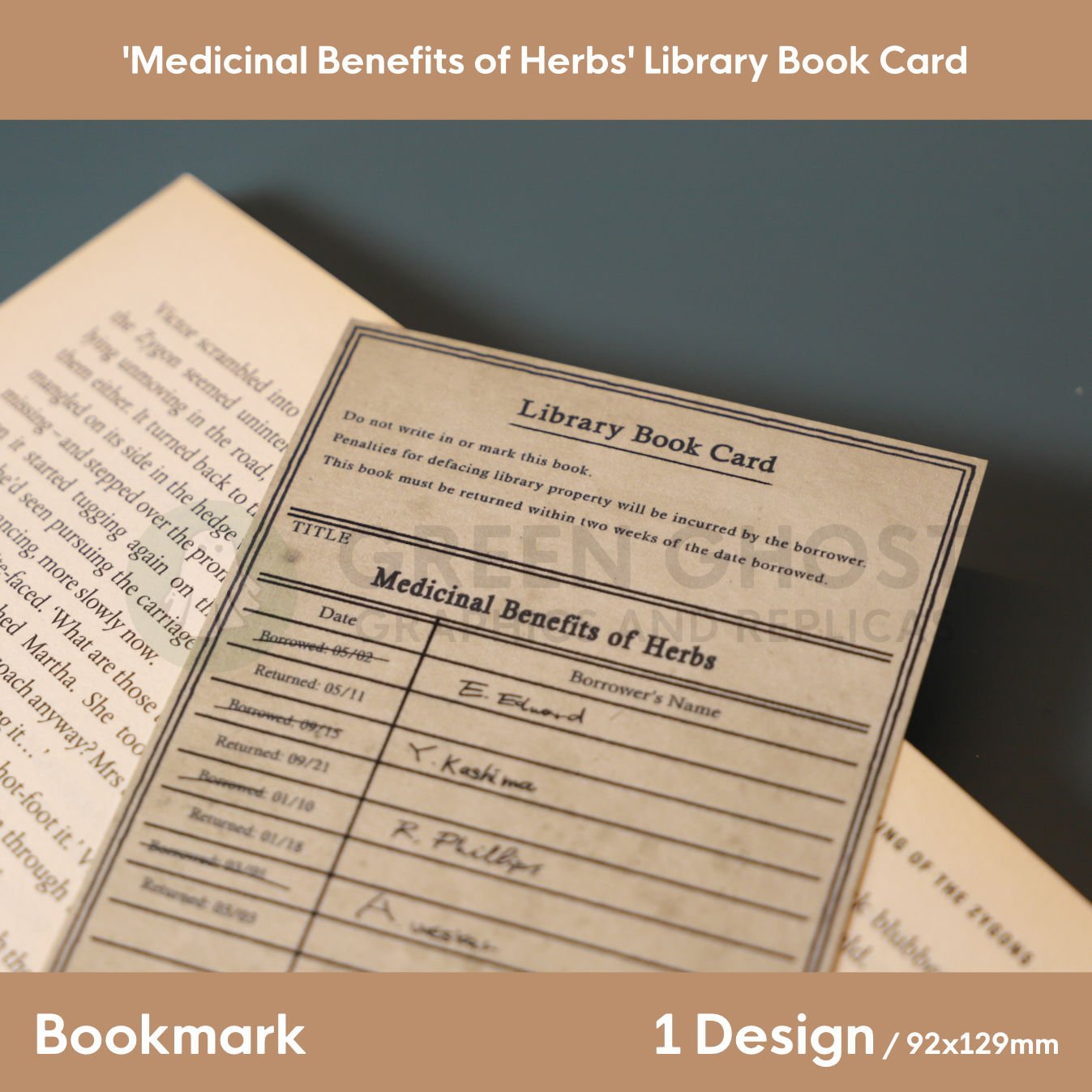 A vintage‑style library book card for ‘Medicinal Benefits of Herbs’ placed inside an open book, showing a list of handwritten borrowing records.