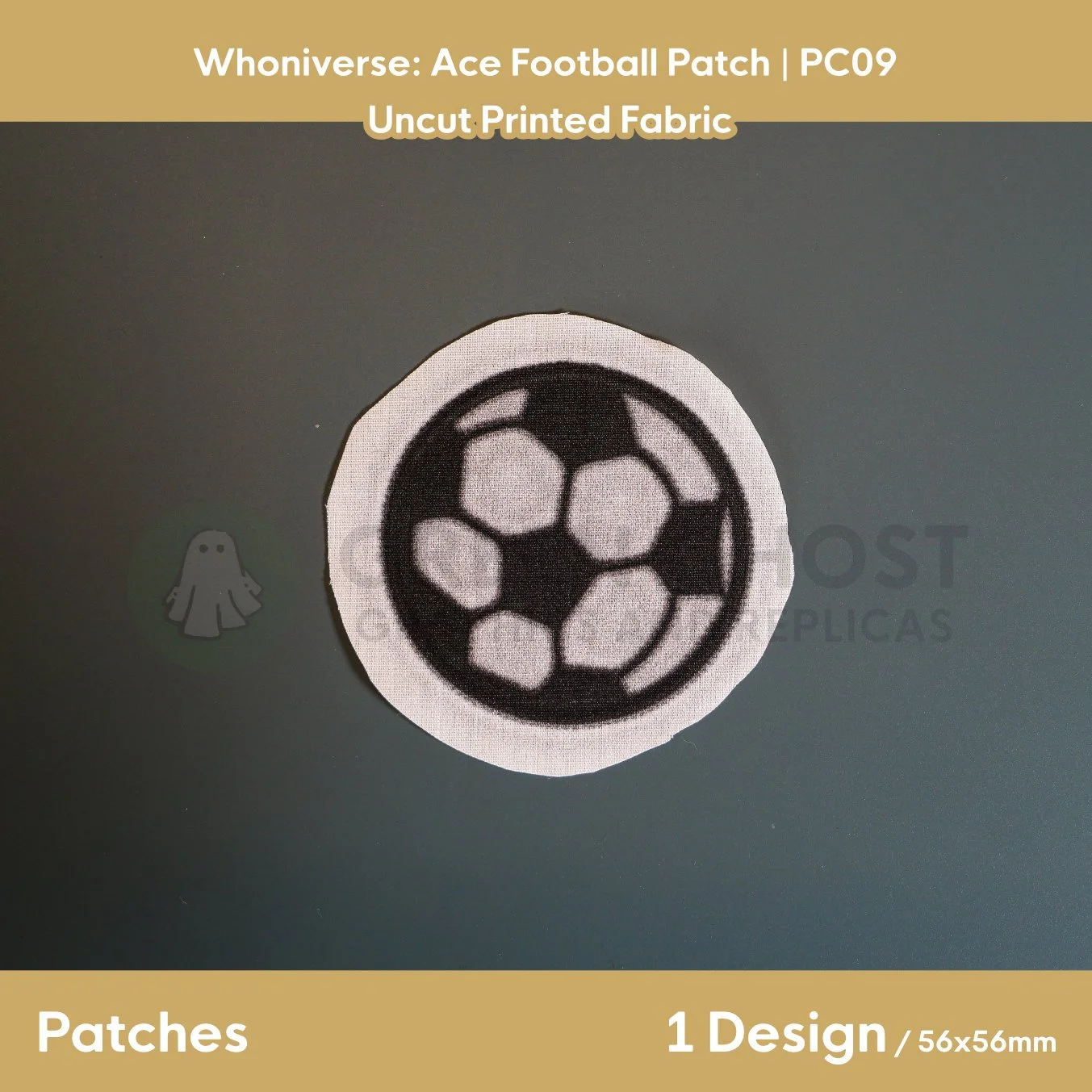 Finished version of the football patch laid flat on a table showing the design and a 5-10mm fabric bleed.