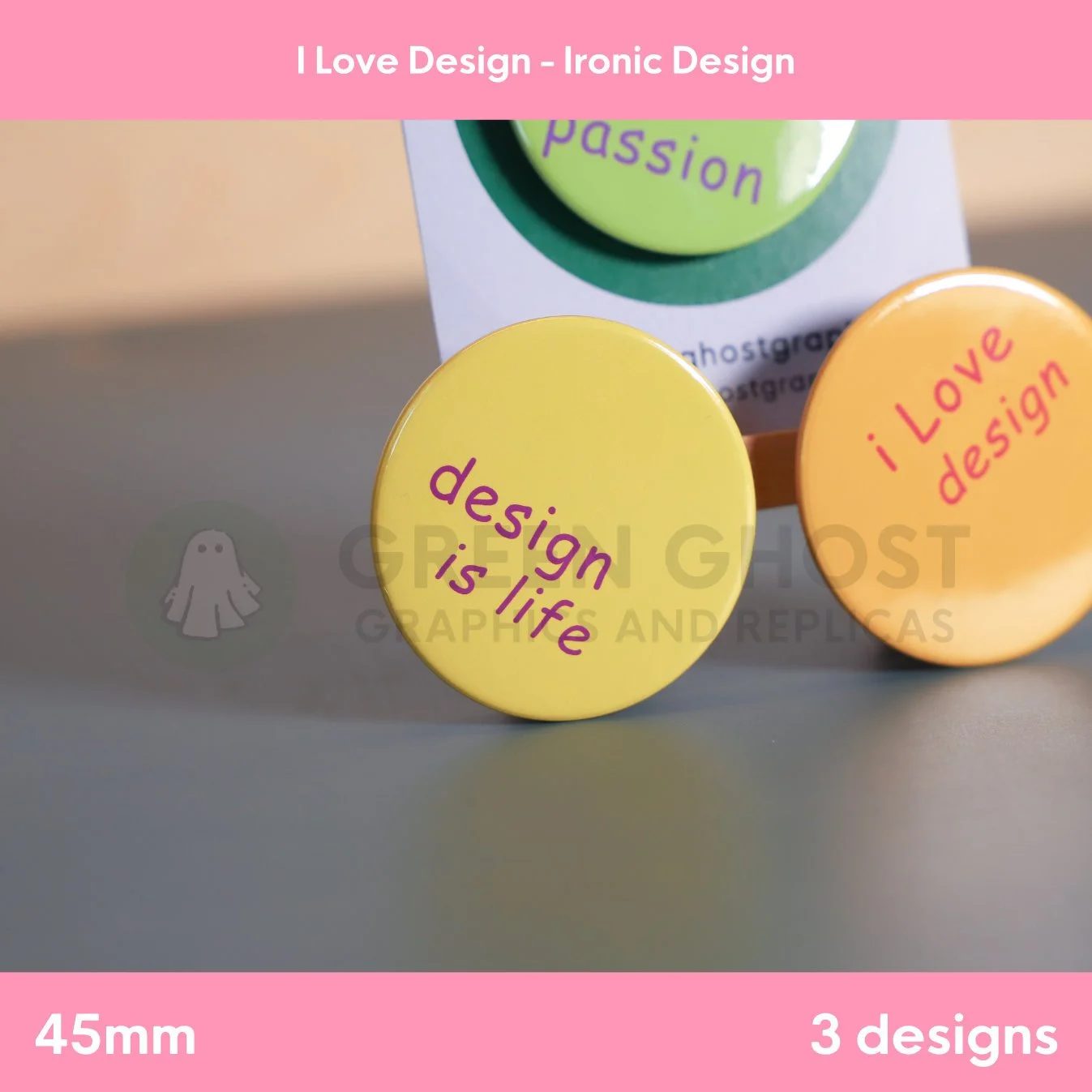 Three round badges in yellow, orange, and green with playful design text displayed on a flat surface with a branded card behind them.