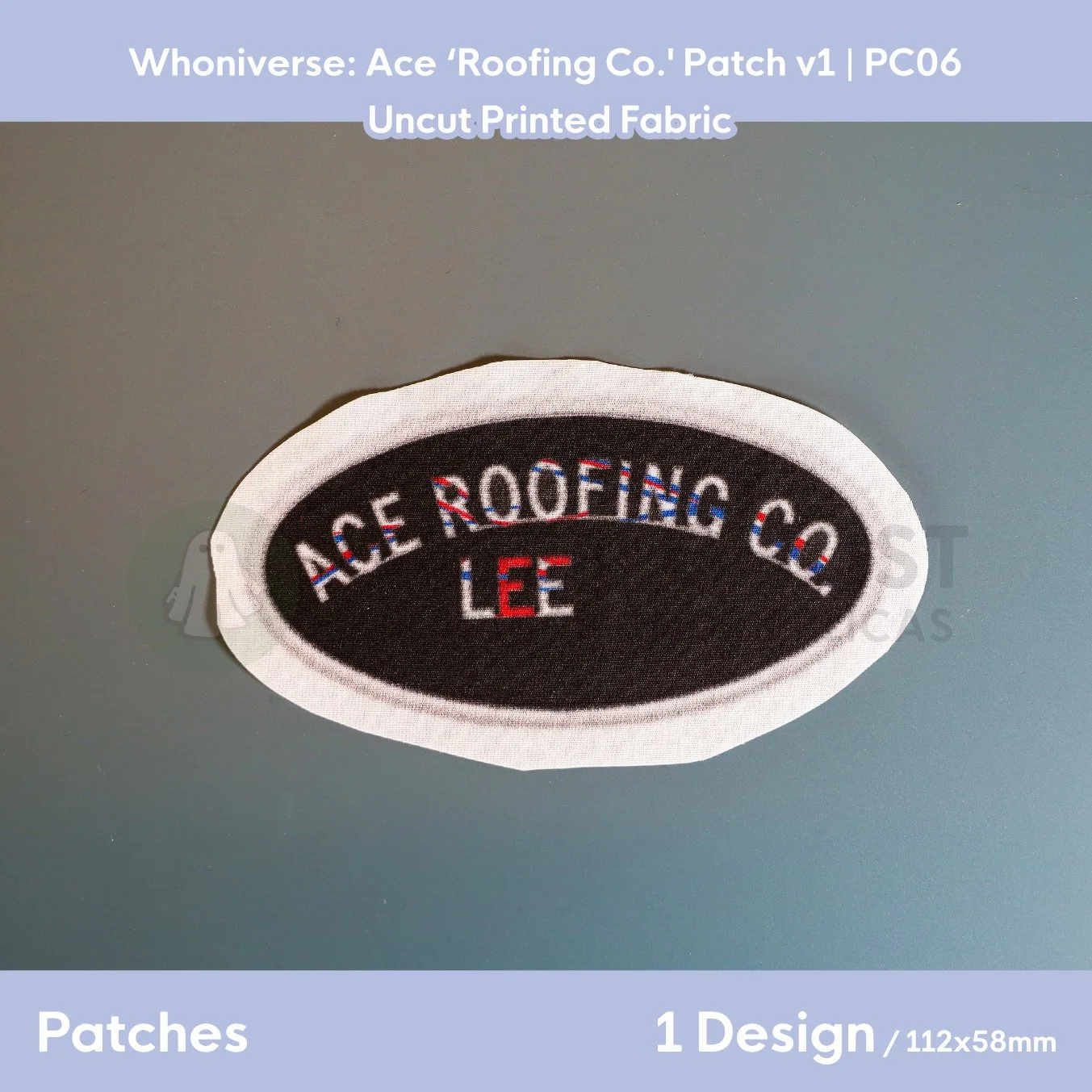 Finished version of the Ace Roofing Co. Lee patch laid flat on a table showing the design and a 5-10mm fabric bleed.