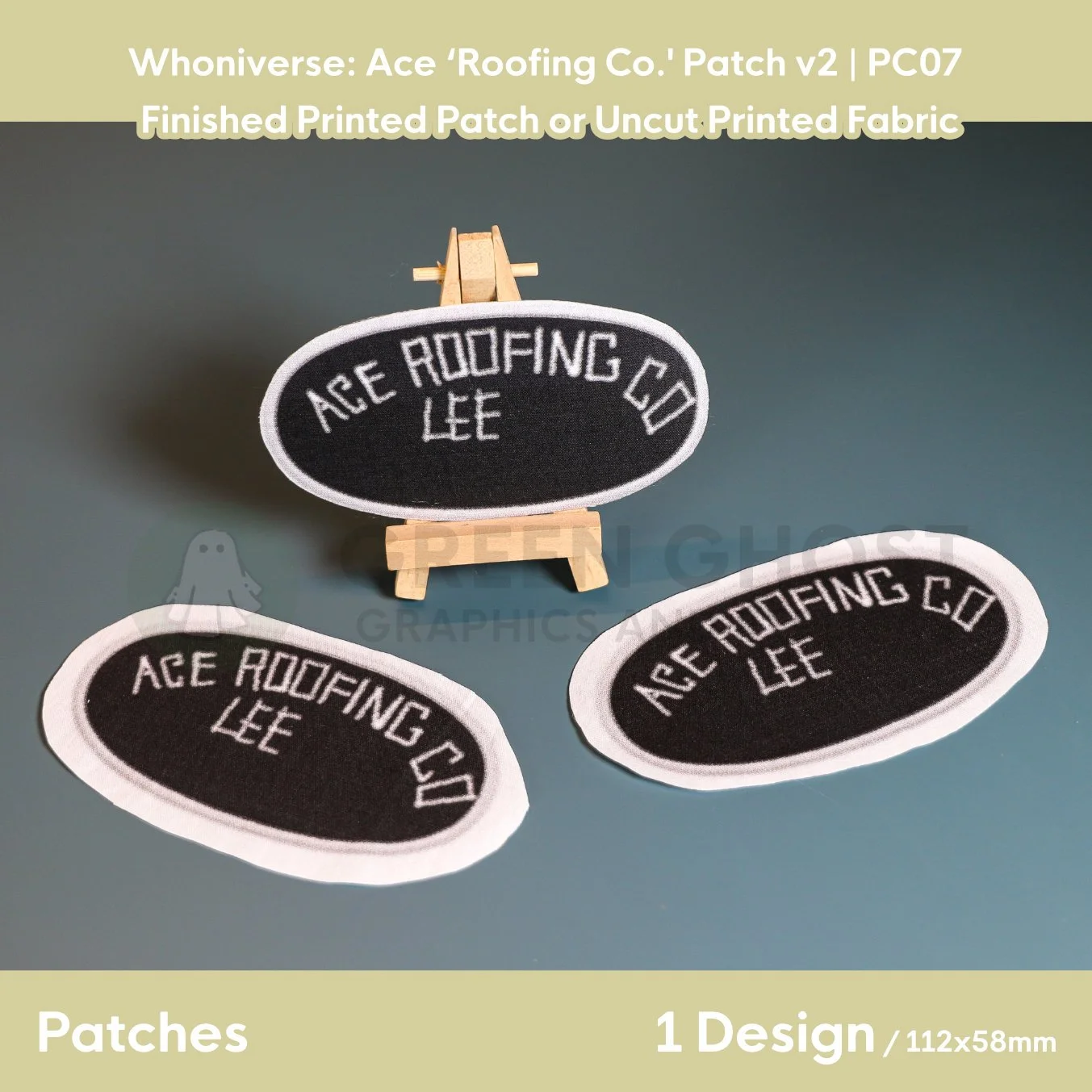 Printed patch design, finished with interfacing and glued edges. white rough text reading Ace Roofing Co. Lee, with a white border and back interior.