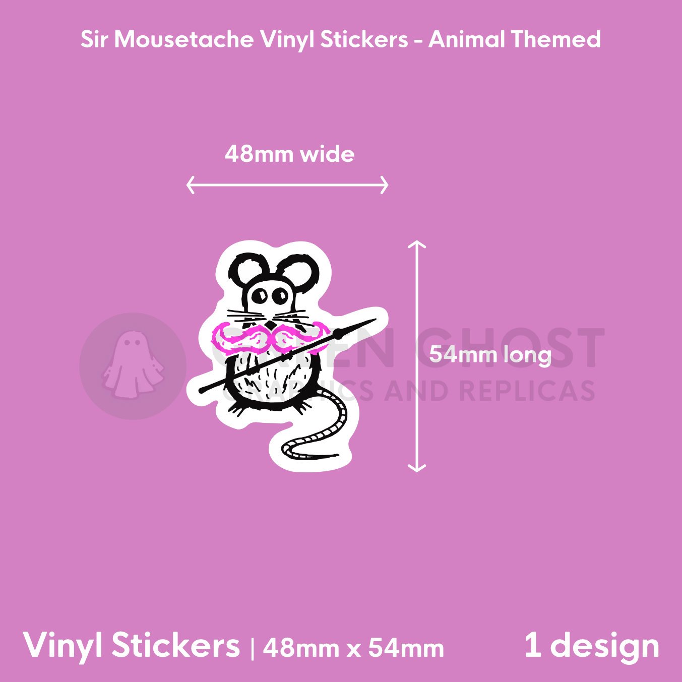Sticker on a pink background showing the dimensions, 48mm x 54mm.