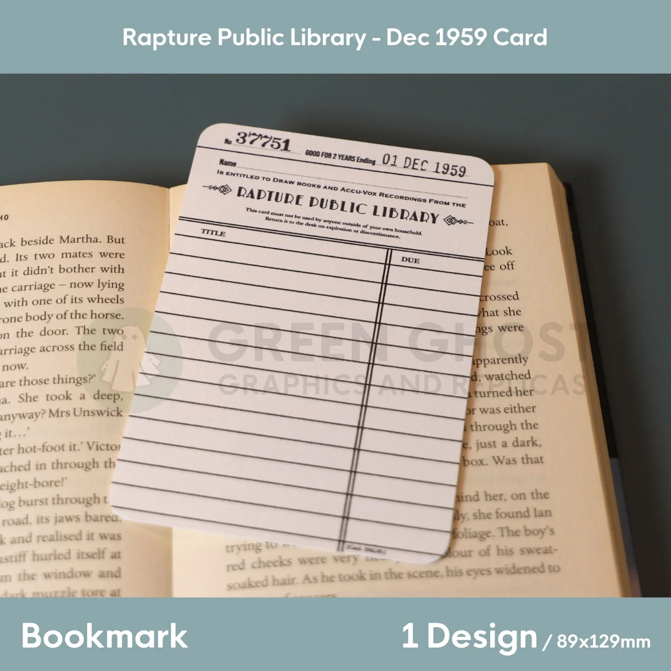 A replica 1959 Rapture Public Library card used as a bookmark inside an open book, featuring blank title and due‑date fields.
