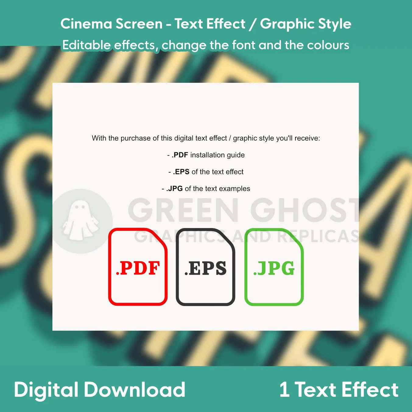 A clean white layout listing included digital files beneath the Cinema Screen header shown on a teal‑tinted background.