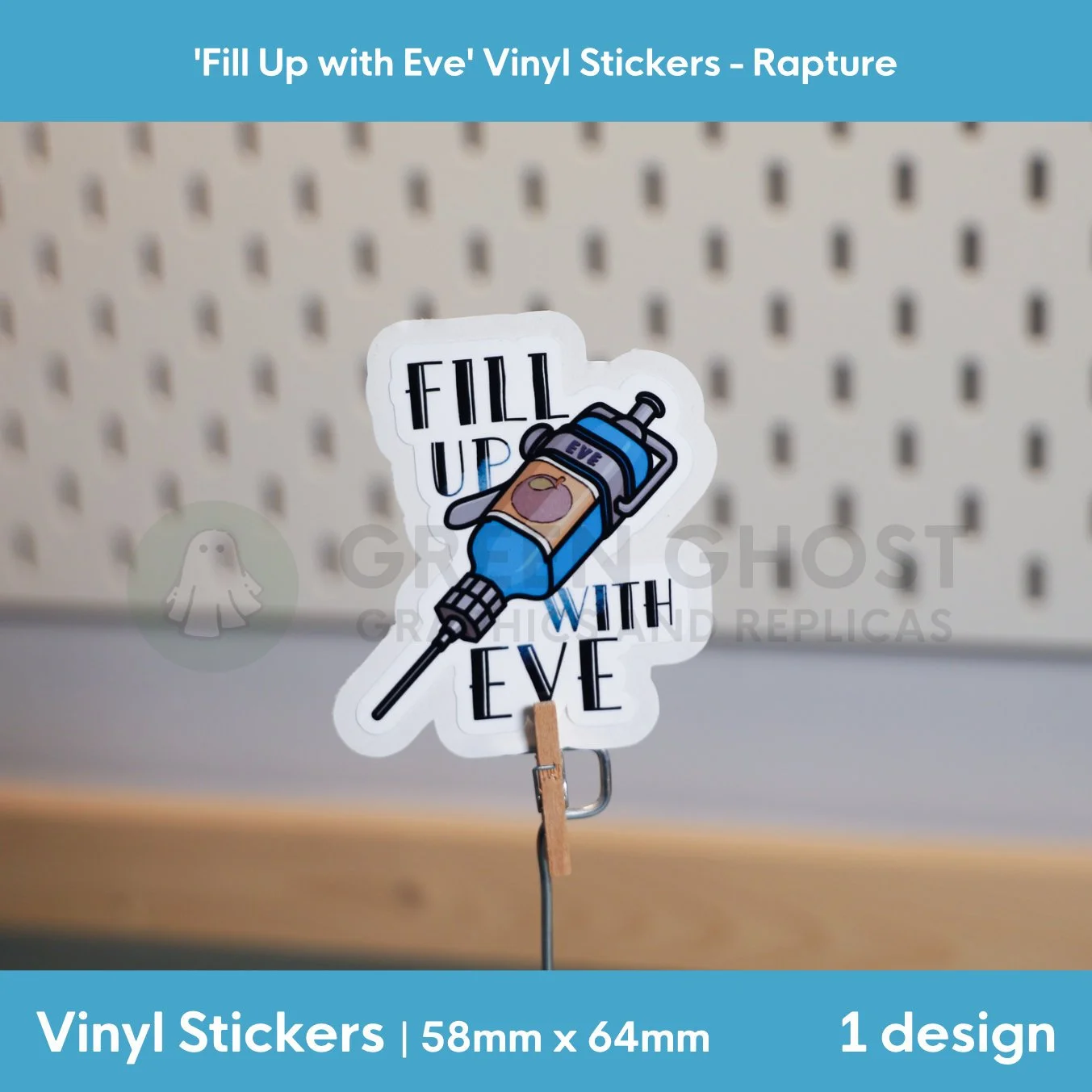 Inspired by the Eve hypo in the game Bioshock. blue syringe with apple label and black text on a blurred peg board background.