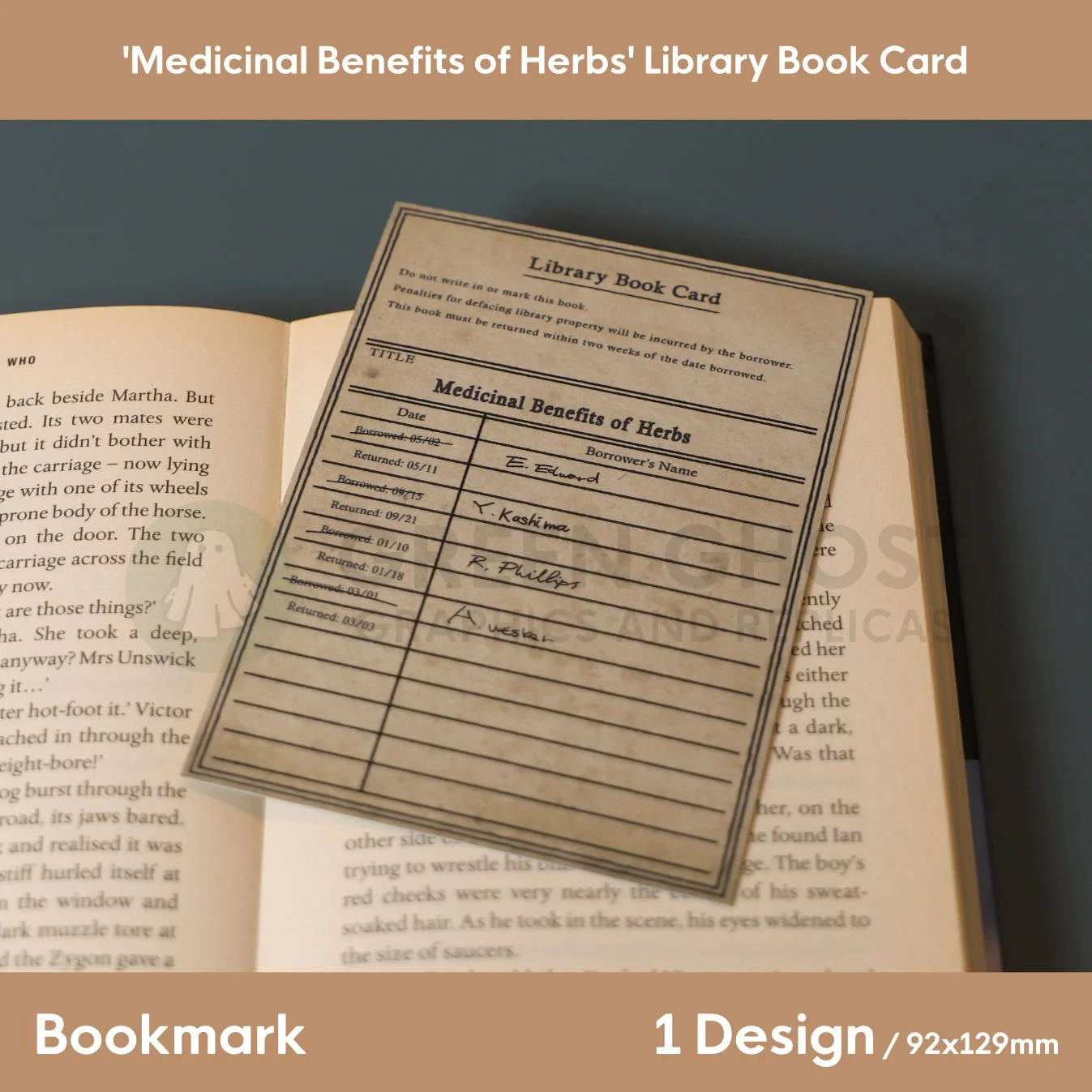 A vintage library‑card bookmark for ‘Medicinal Benefits of Herbs’ placed inside an open book, showing handwritten borrowing and return dates.