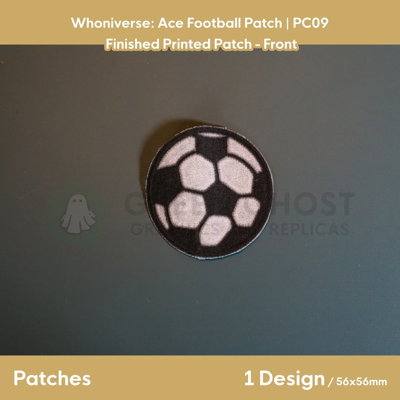 Finished version of the football patch laid flat on a table showing the front design.