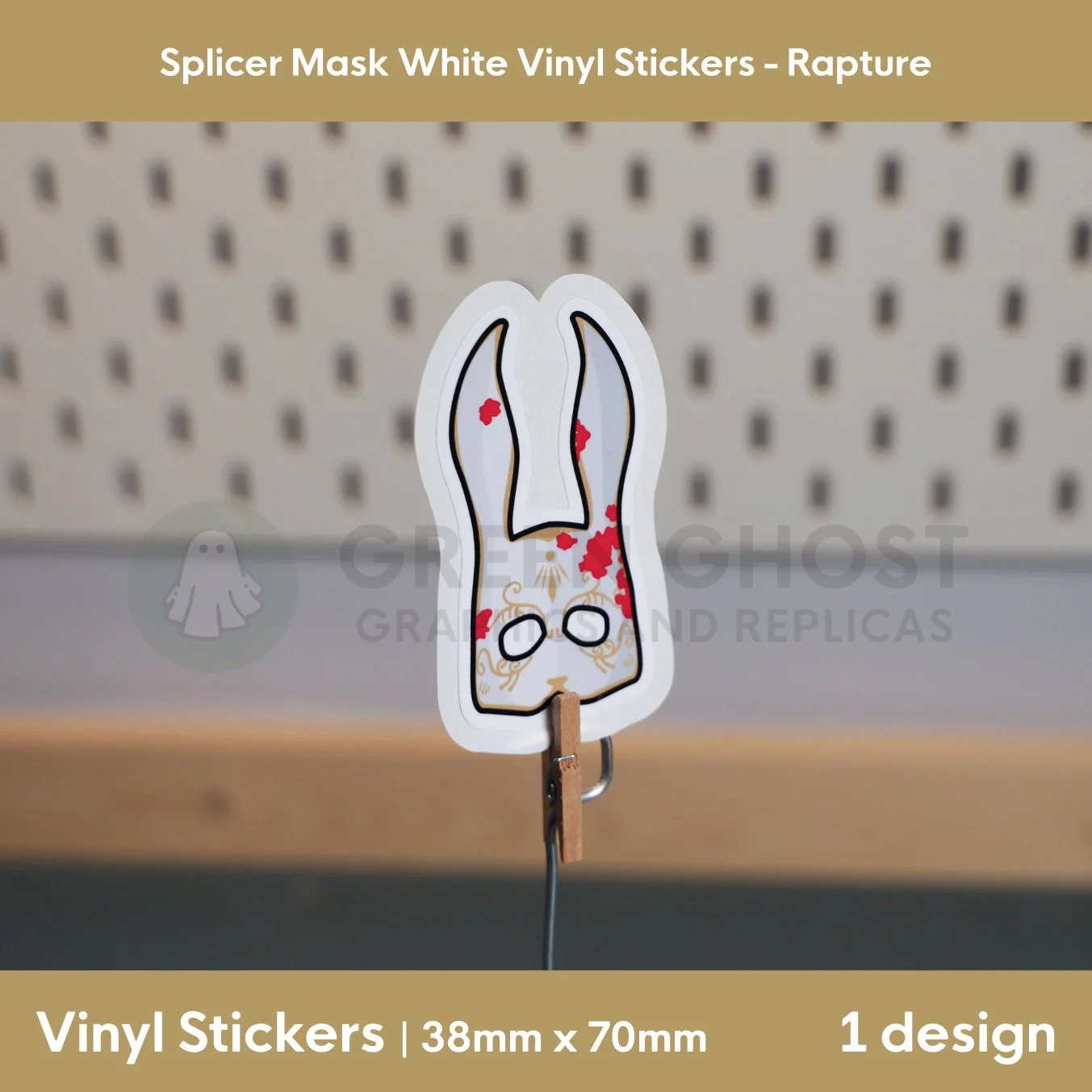 Rabbit mask with blood stains on a blurred peg board background.