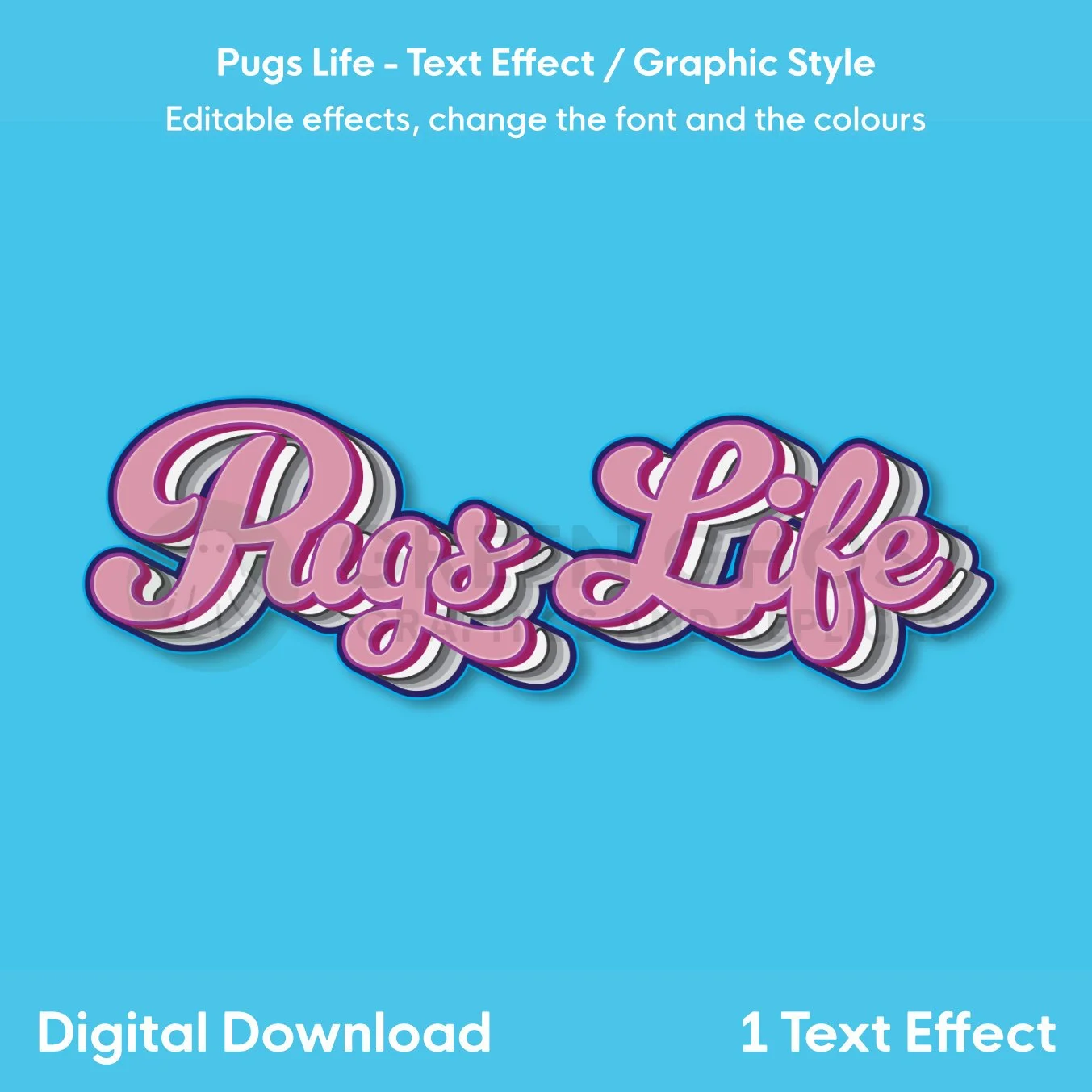 Pugs Life Text Effect, bright pink text with blue and grey shadows on a bright blue background.