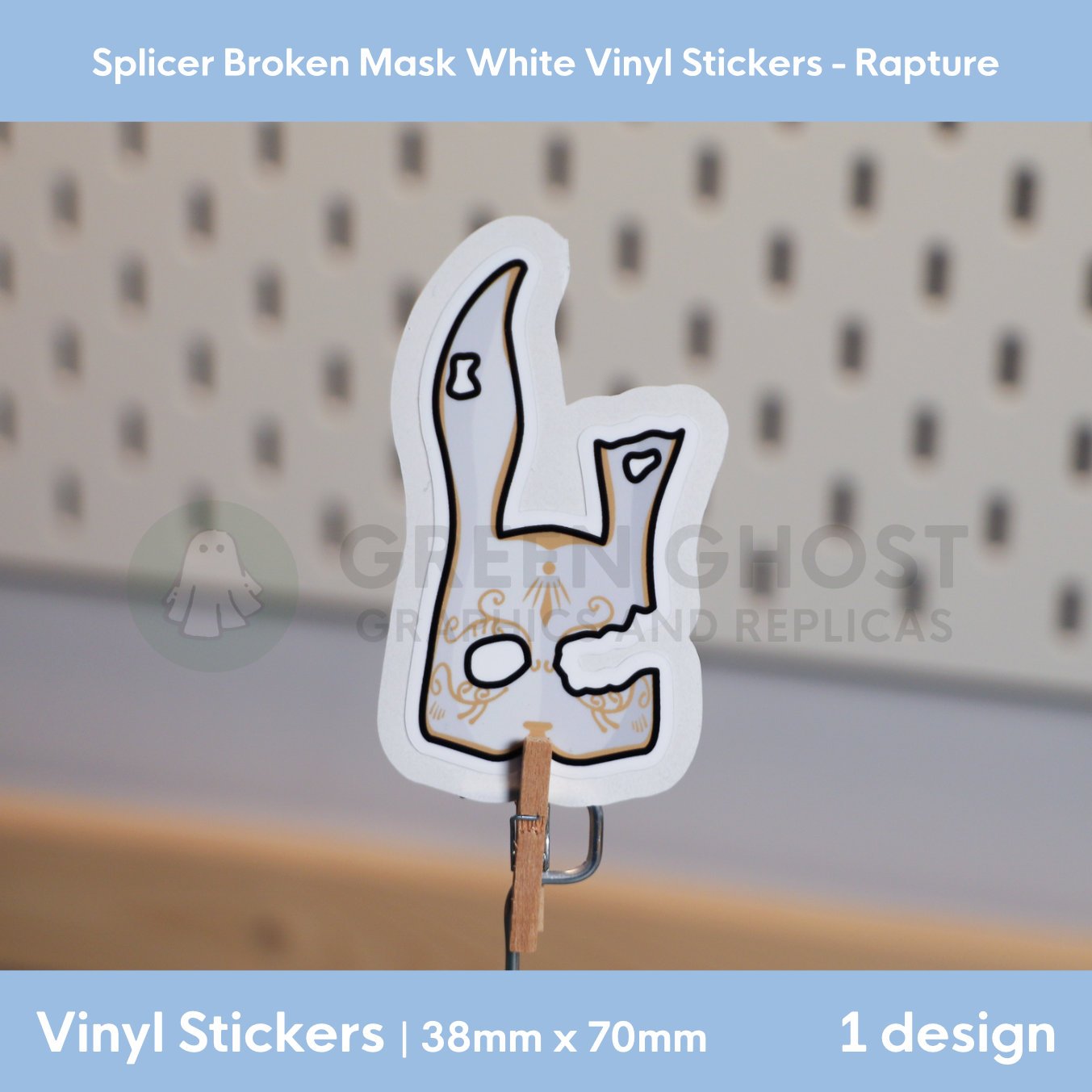 Inspired by the Splicers in the game Bioshock. White broken bunny mask on a blurred peg board background.