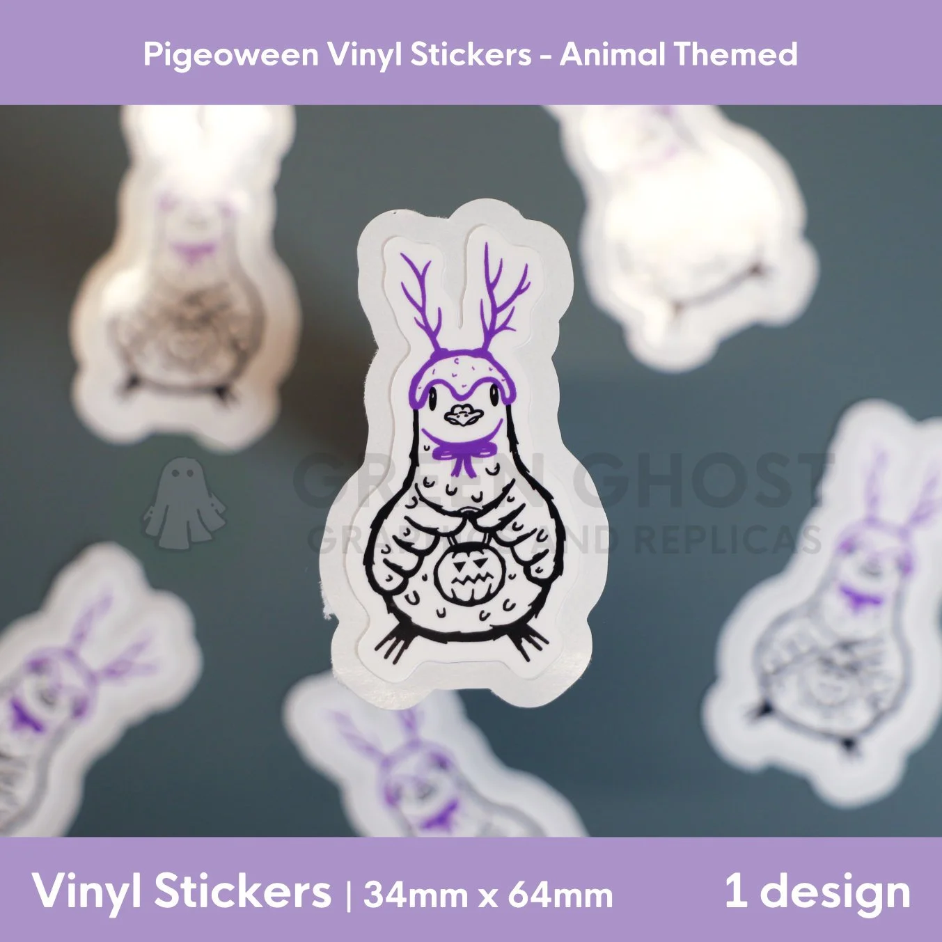 Vinyl sticker with a drawing of a black outlined pigeon wearing a cosplay of purple anters on its head and a jack-o-lantern in her wings.