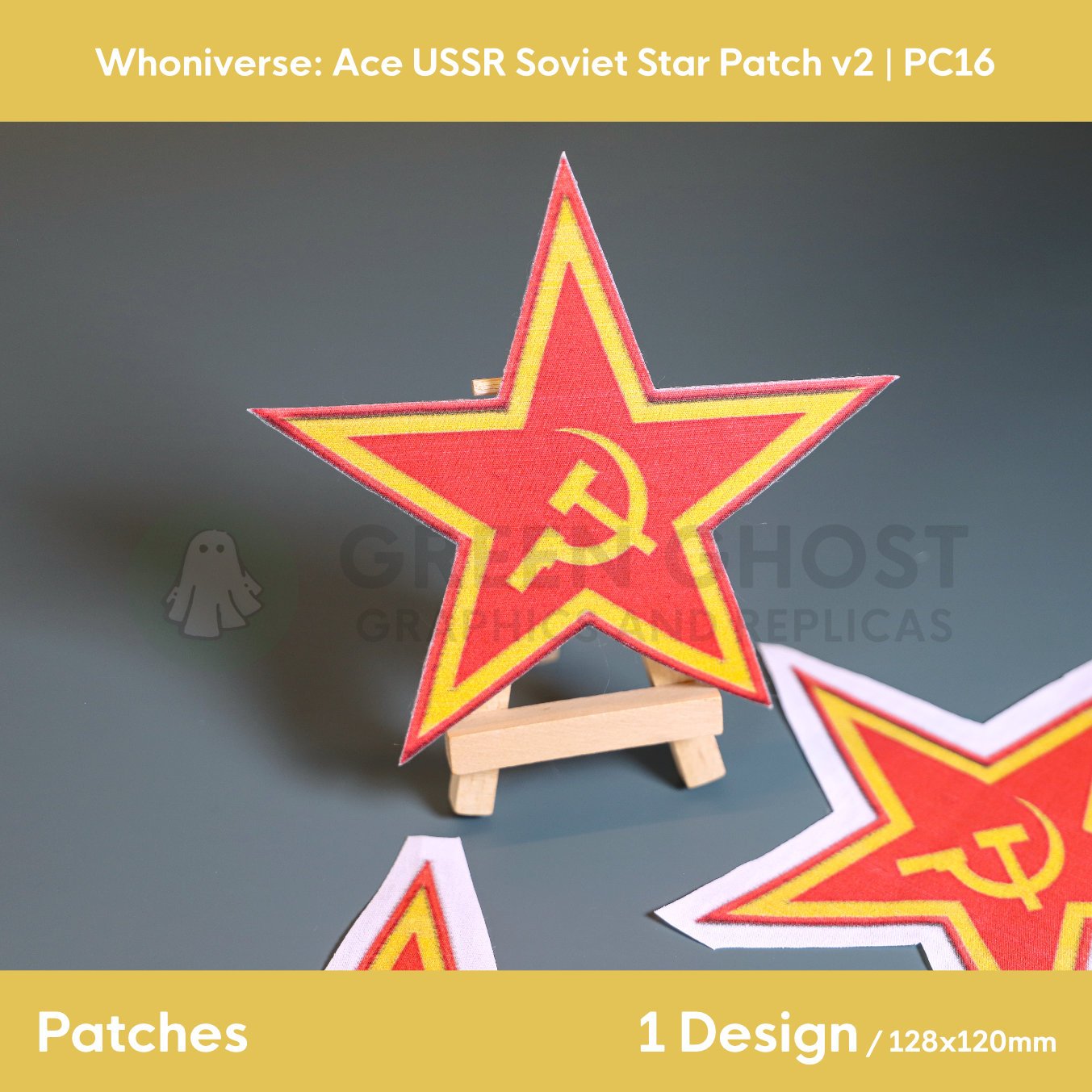 Close up of the finished Soviet Star patch on a small easel on a aqua green background.