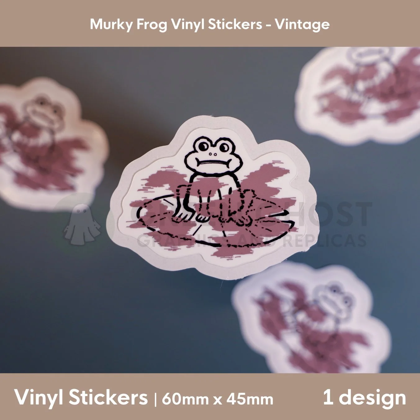Vinyl sticker with a drawing of a black outlined frog on a lily pad with a brown fog surrounding him.