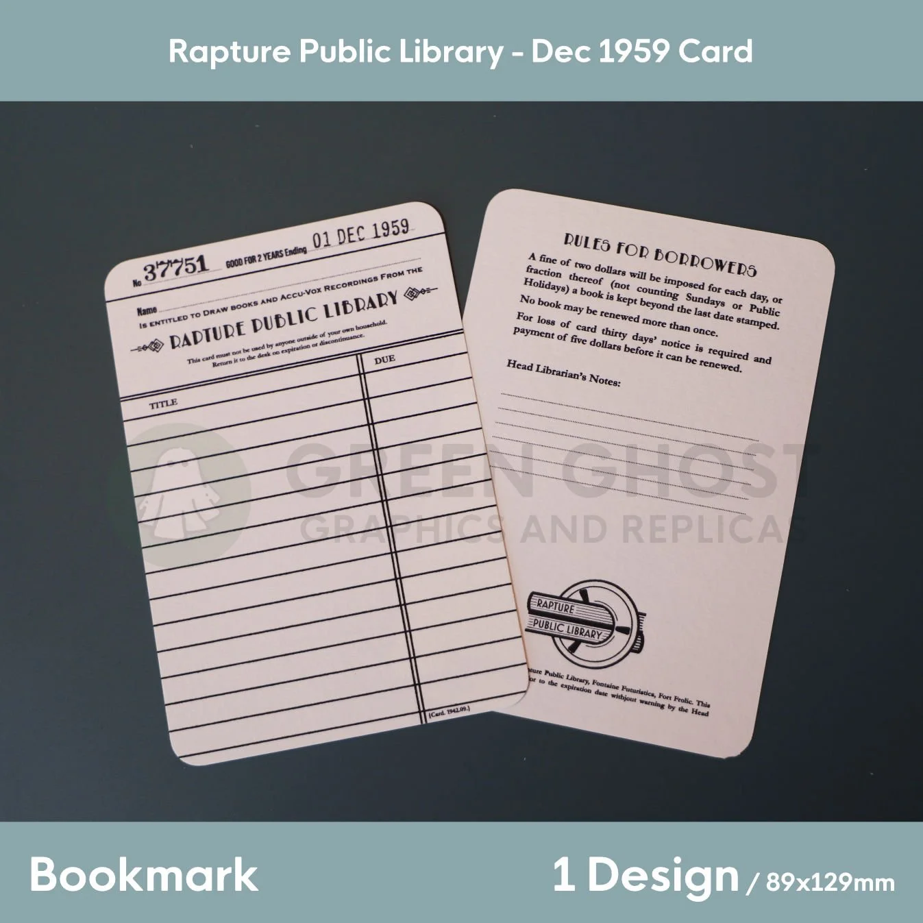 A two‑sided Rapture Public Library bookmark showing a 1959 checkout card on one side and borrower rules on the other.
