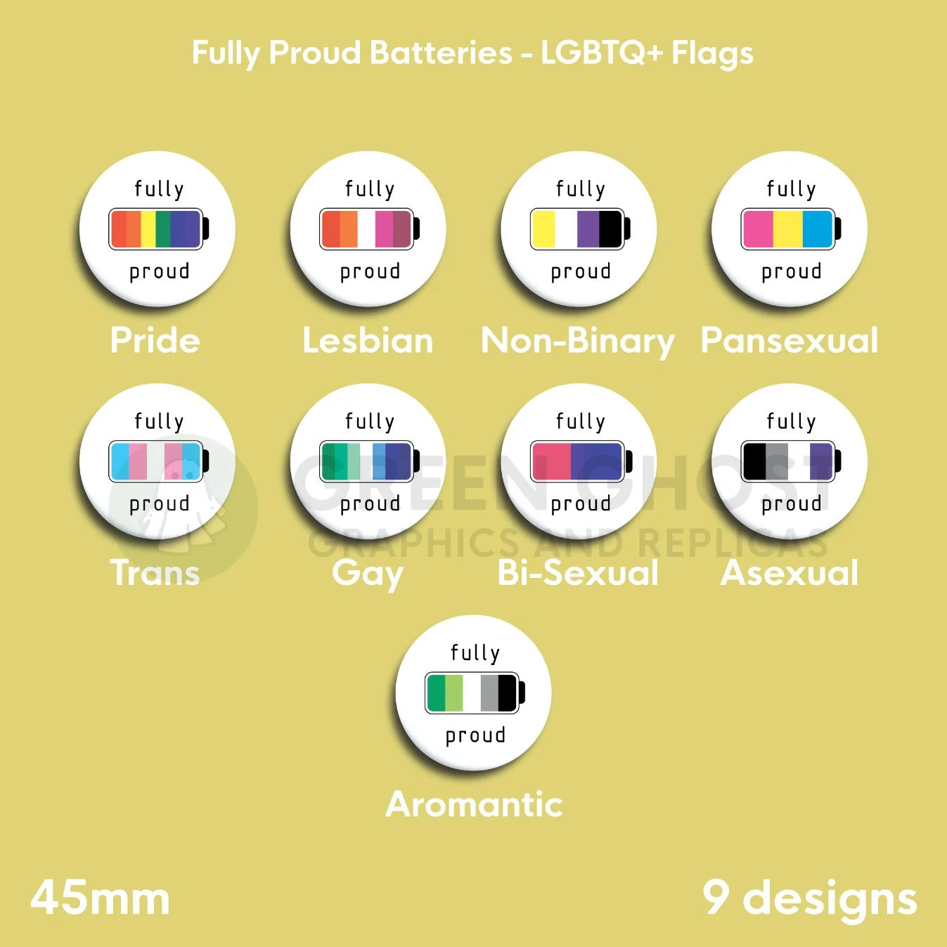 Nine round badges with different LGBTQ+ battery designs arranged in a grid on a yellow background.