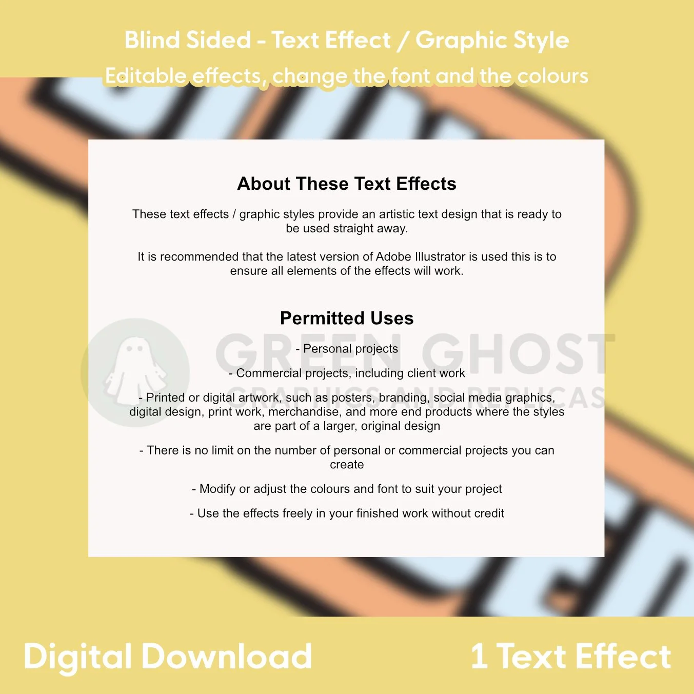 A white information panel describing the “Blind Sided” text effect shown over a blurred yellow and blue background.