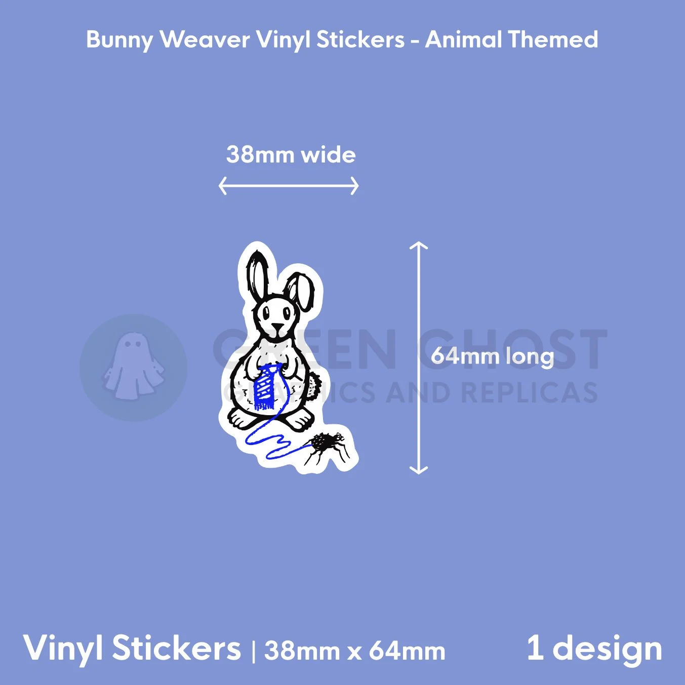 Sticker on a pale blue background showing the dimensions, 38mm x 64mm.