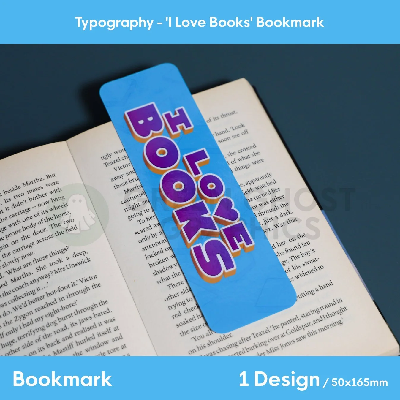 rectangular bookmark with rounded edges. Blue background with pale book symbols across the background. custom purple text reading 'I Love Books', shown for scale against a book.