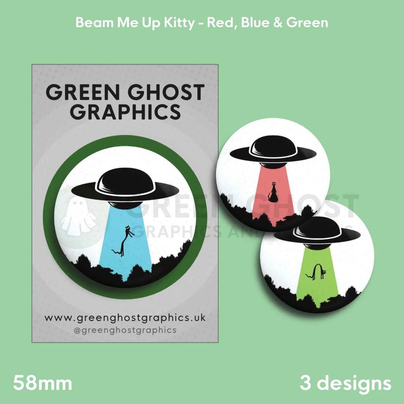 Three round badges with red, blue, and green UFO beams displayed on a branded backing card.