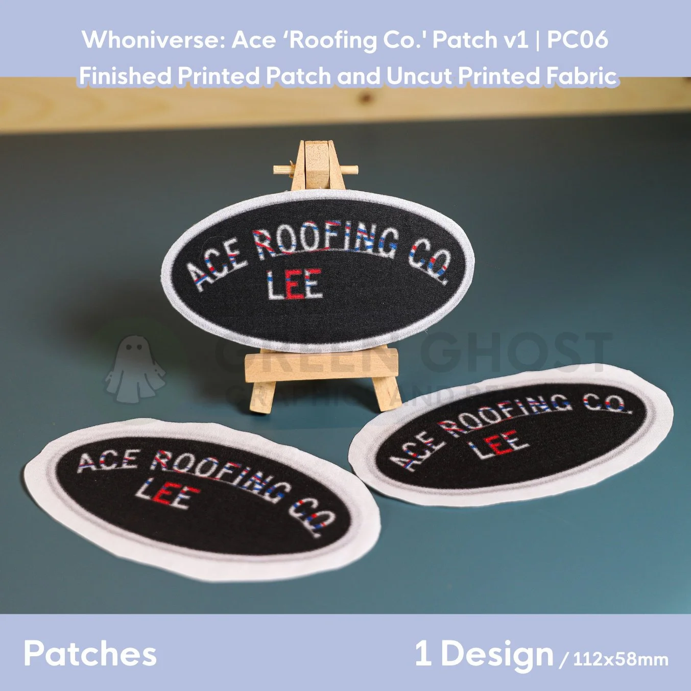 Printed patch design, finished with interfacing and glued edges. white text with a union jack design within of blue and red. Text reads Ace Roofing Co. Lee, with a white border and back interior.