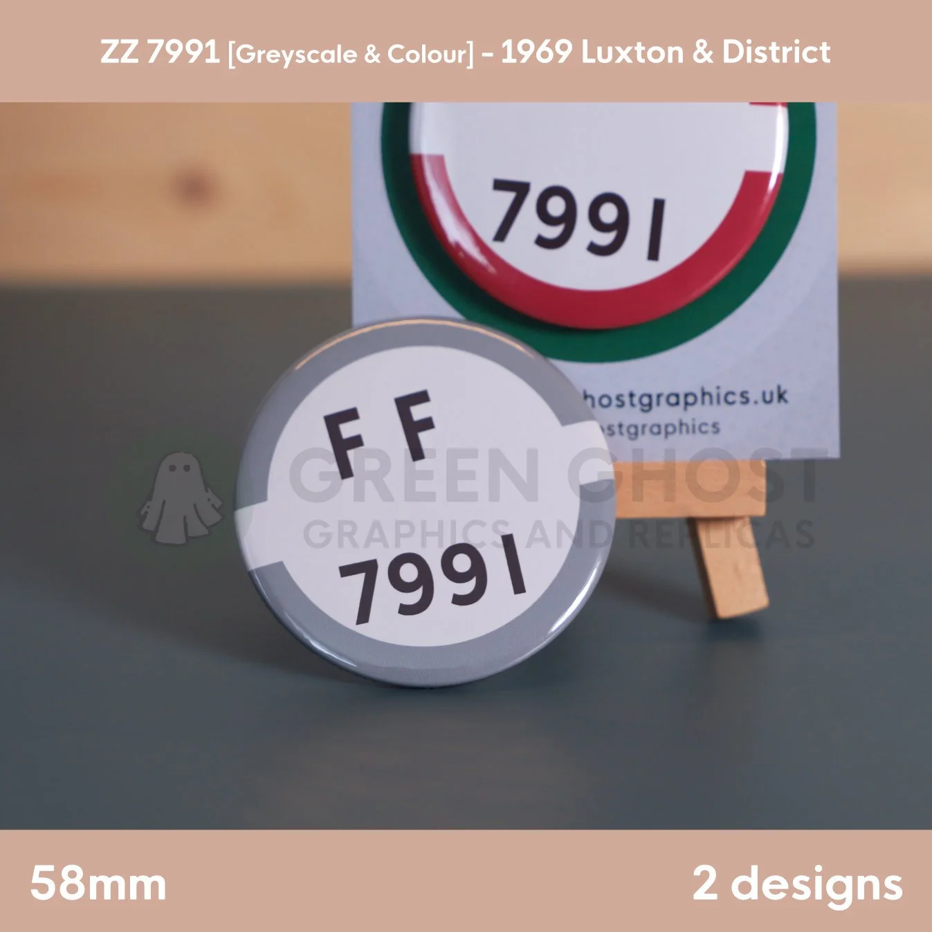 Two round badges featuring “FF 7991,” one greyscale and one with coloured borders, displayed on an easel and nearby surface.