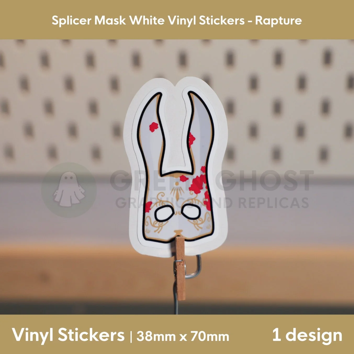 Inspired by the Splicers in the game Bioshock. White bunny mask on a blurred peg board background.
