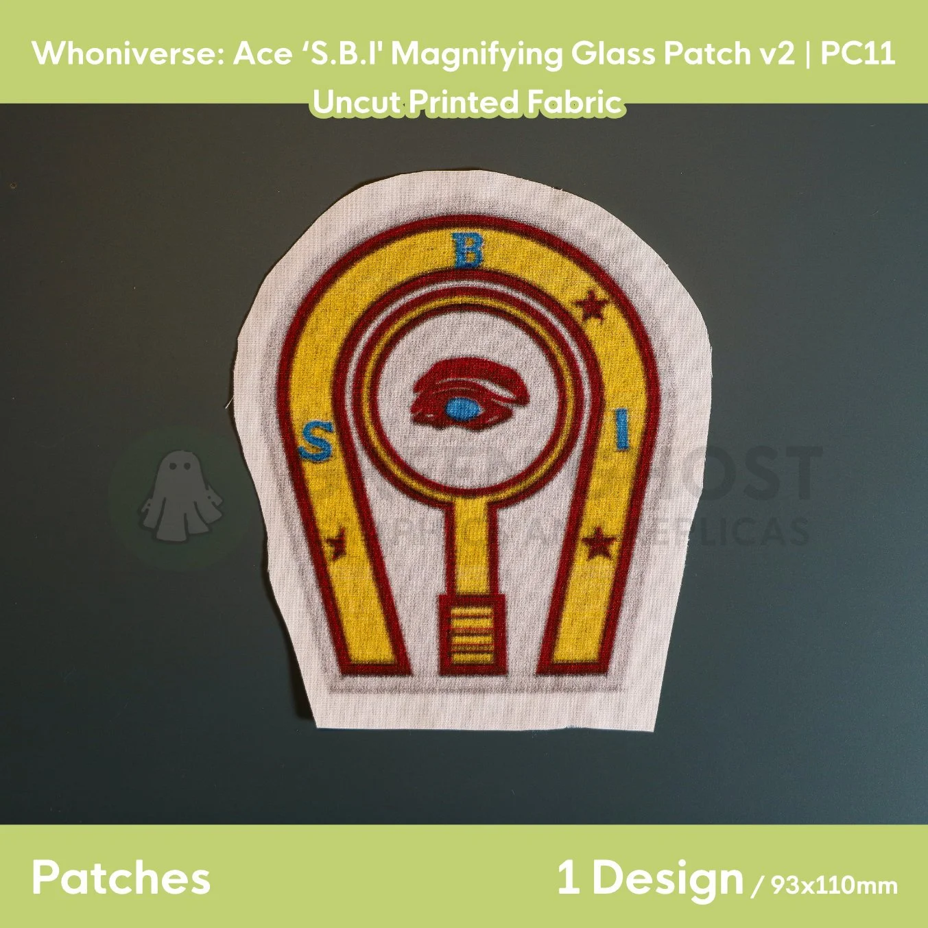 Finished version of the horse shoe patch laid flat on a table showing the design and a 5-10mm fabric bleed.
