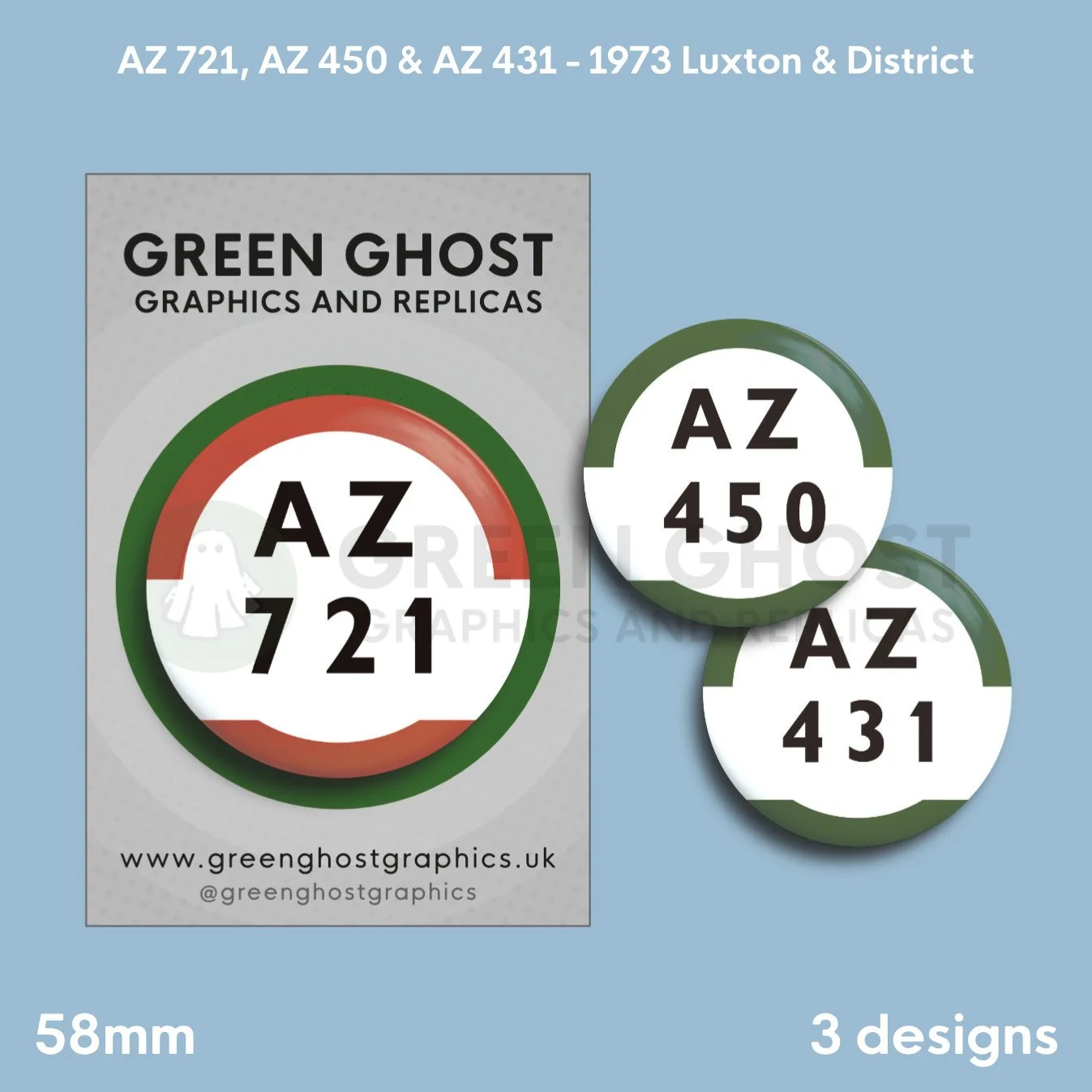 Three round badges with white centres, coloured borders, and the texts “AZ 721,” “AZ 450,” and “AZ 431” displayed on a branded backing card.