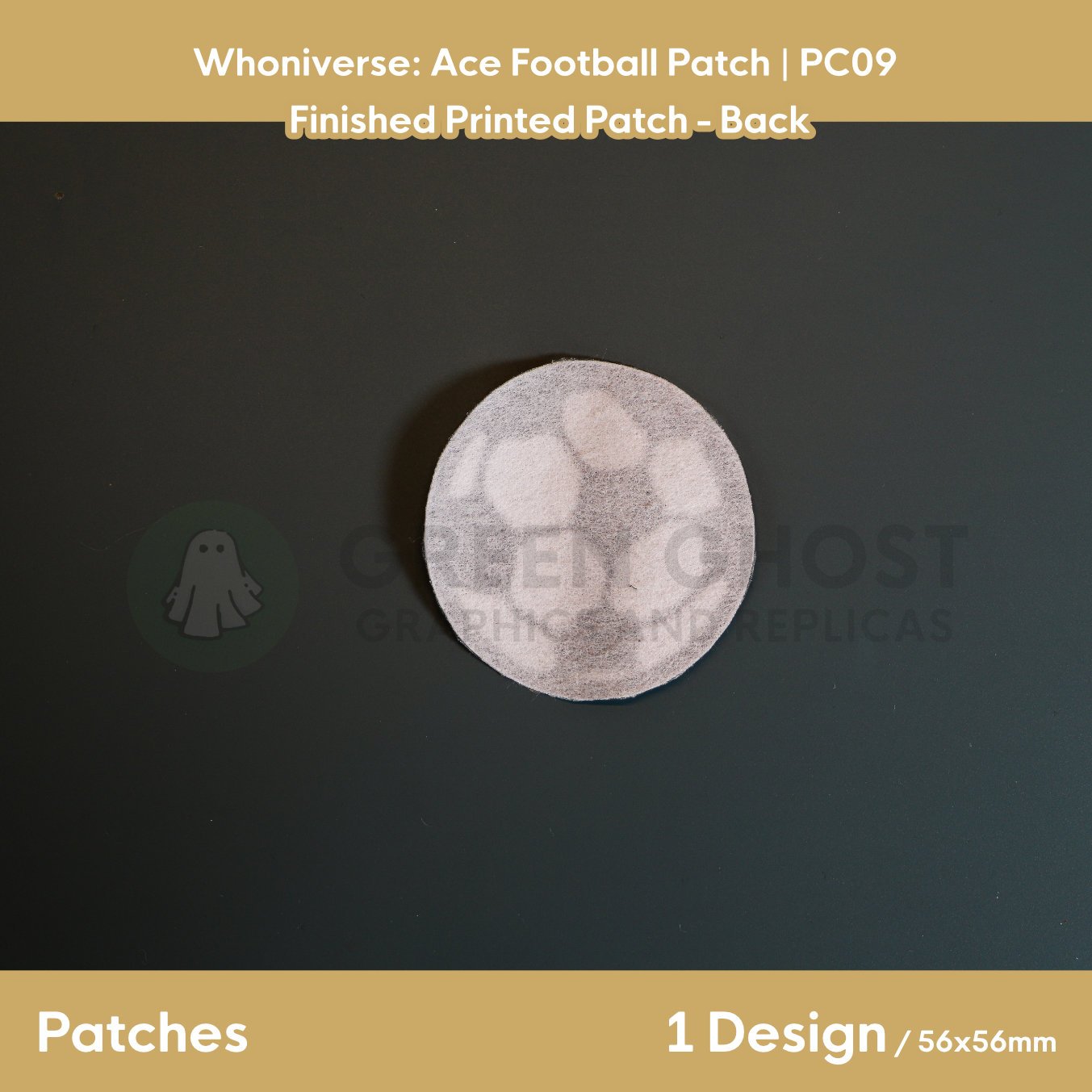 Finished version of the football patch laid flat on a table showing the interfaced backing.