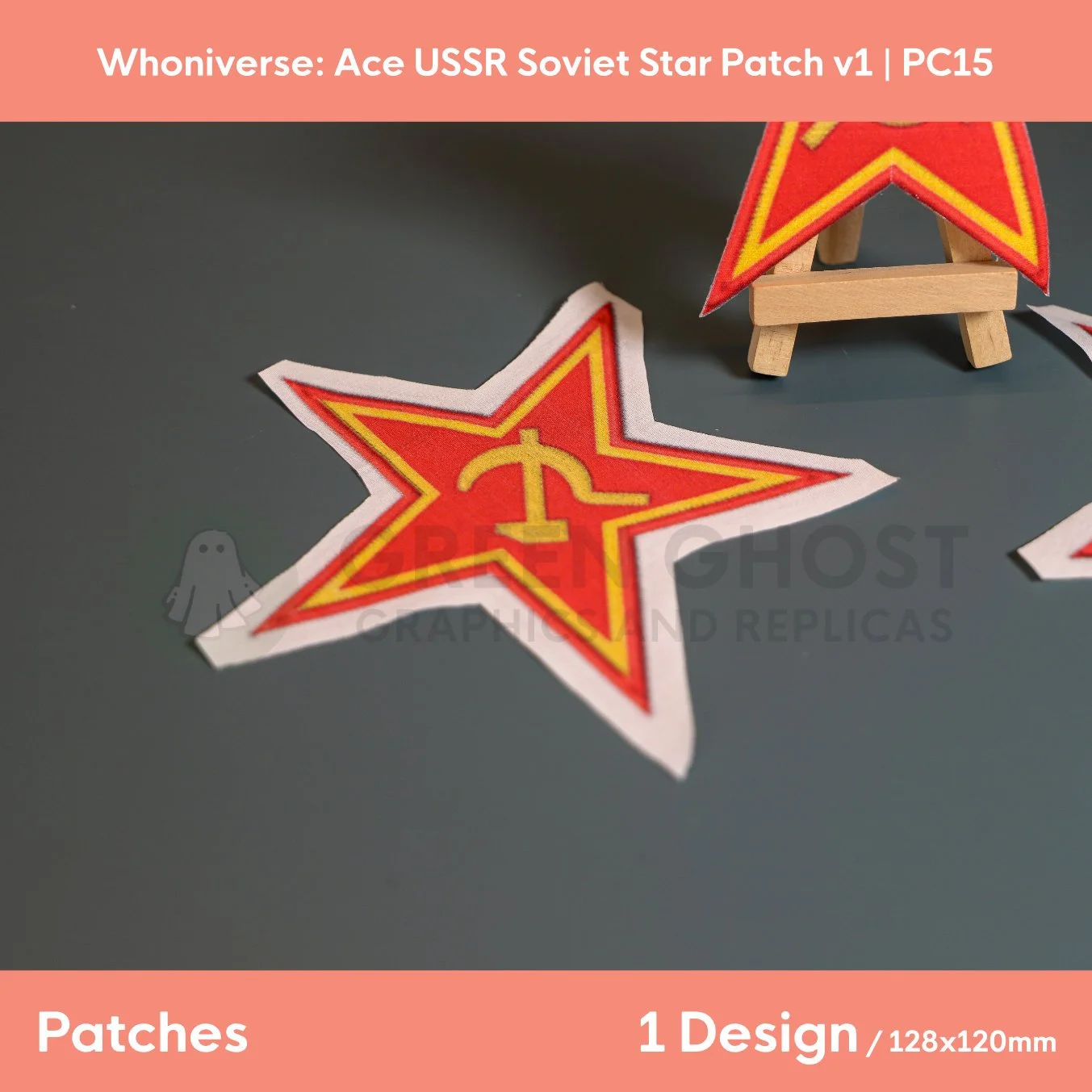 Close up of the uncut unfinished version of the USSR Star patch design, on a plain aqua green background.