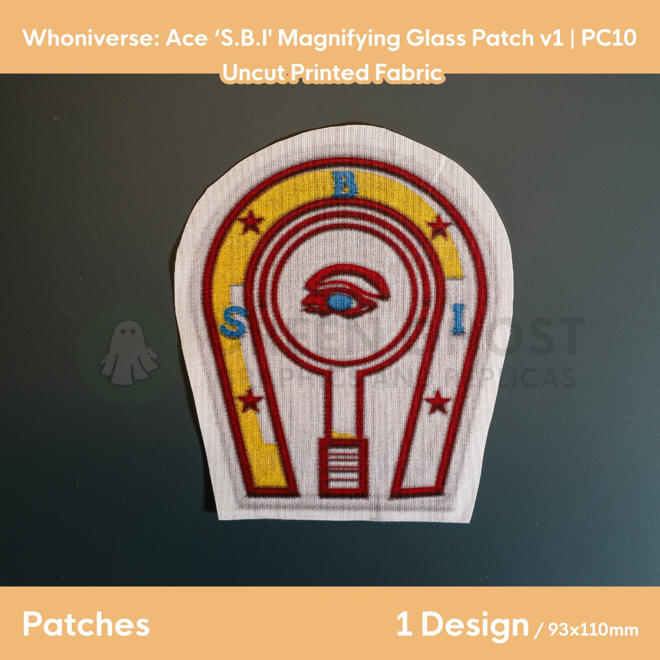Finished version of the SBI patch laid flat on a table showing the design and a 5-10mm fabric bleed.
