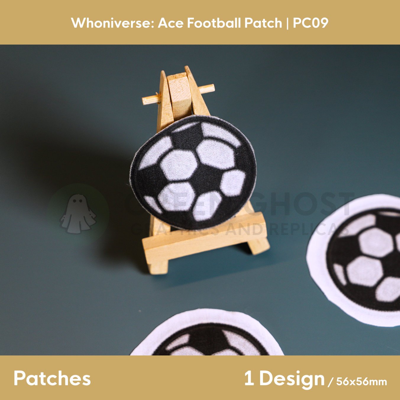 Close up of the finished football patch on a small easel on a aqua green background.