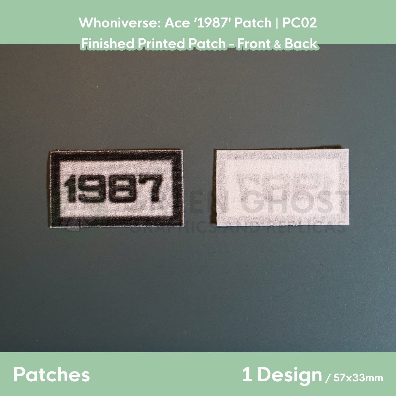 Finished version of the 1987 patch laid flat on a table showing the front design and the interfaced backing