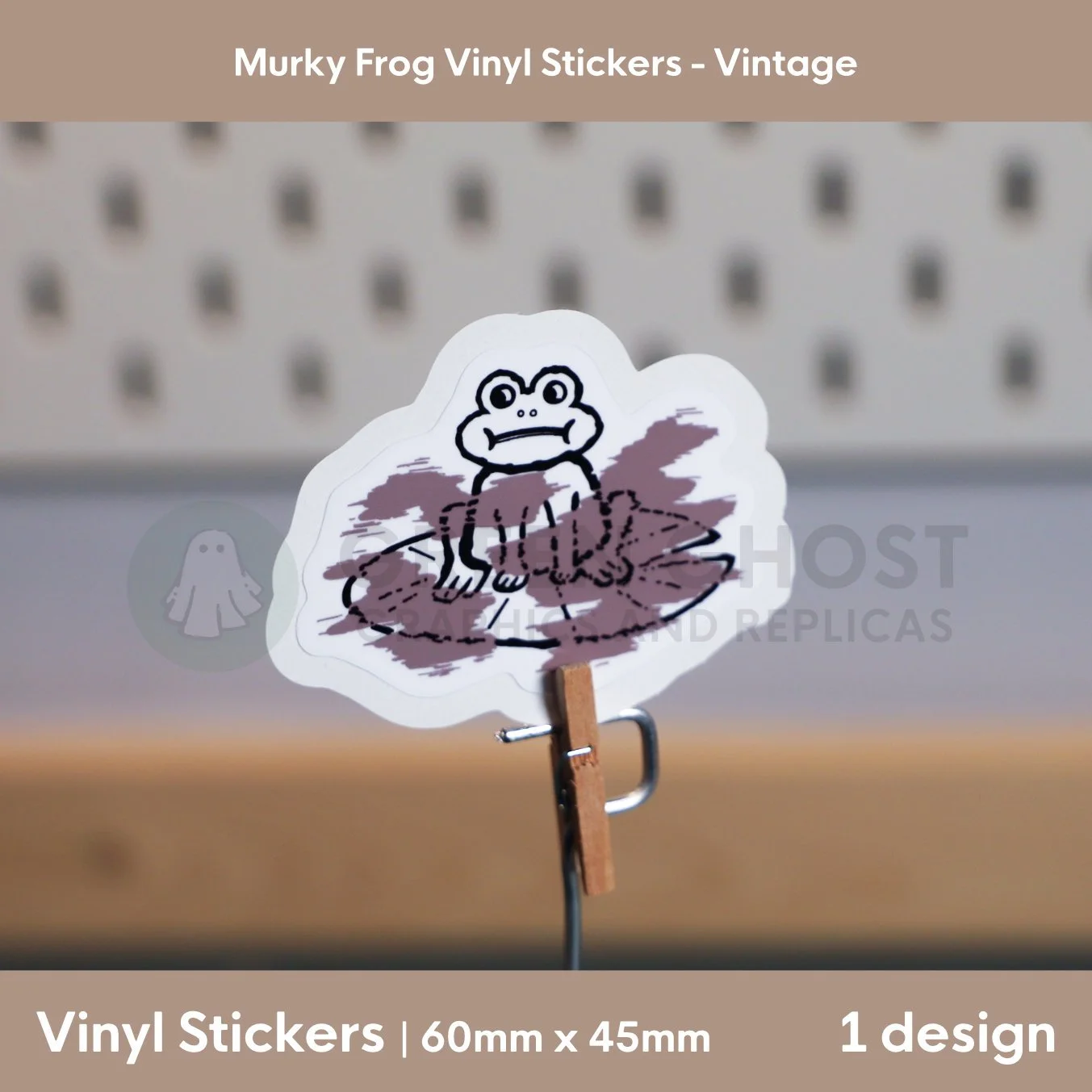 Rough lino printed style sticker of a worried frog in a murky brown fog on a blurred peg board background.