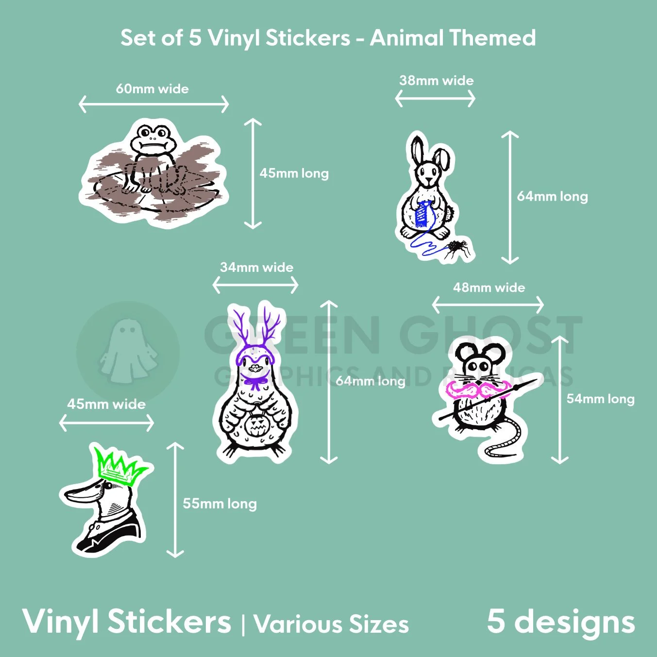 Stickers on a green background showing the dimensions, with the smallest being 45mm x 55mm and the largest, 60mm x 45mm.