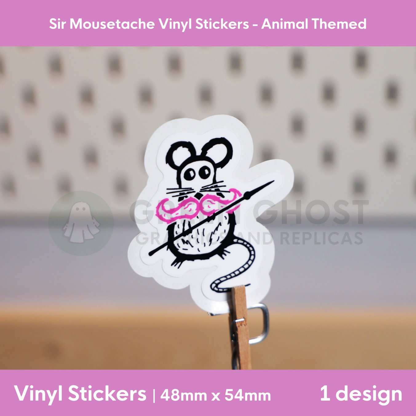 Rough lino printed style sticker of a mouse with a pink moustache on a blurred peg board background.