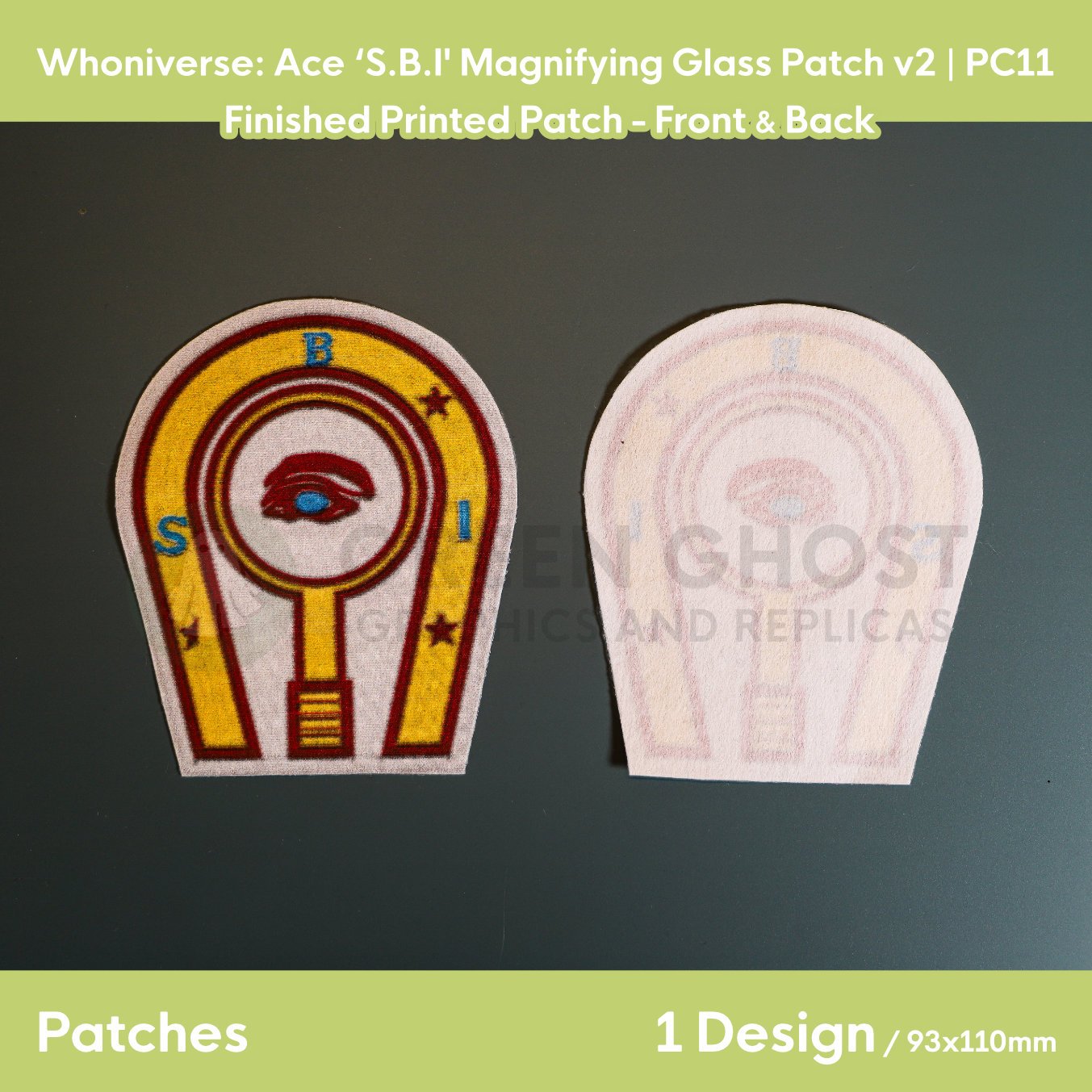 Finished version of the horse shoe patch laid flat on a table showing the front design and the interfaced backing.