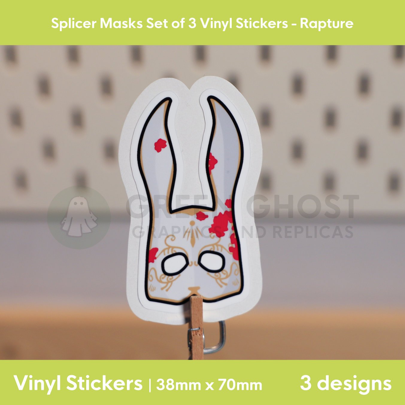 Inspired by the Splicers in the game Bioshock. bloodied white rabbit mask on a blurred peg board background.